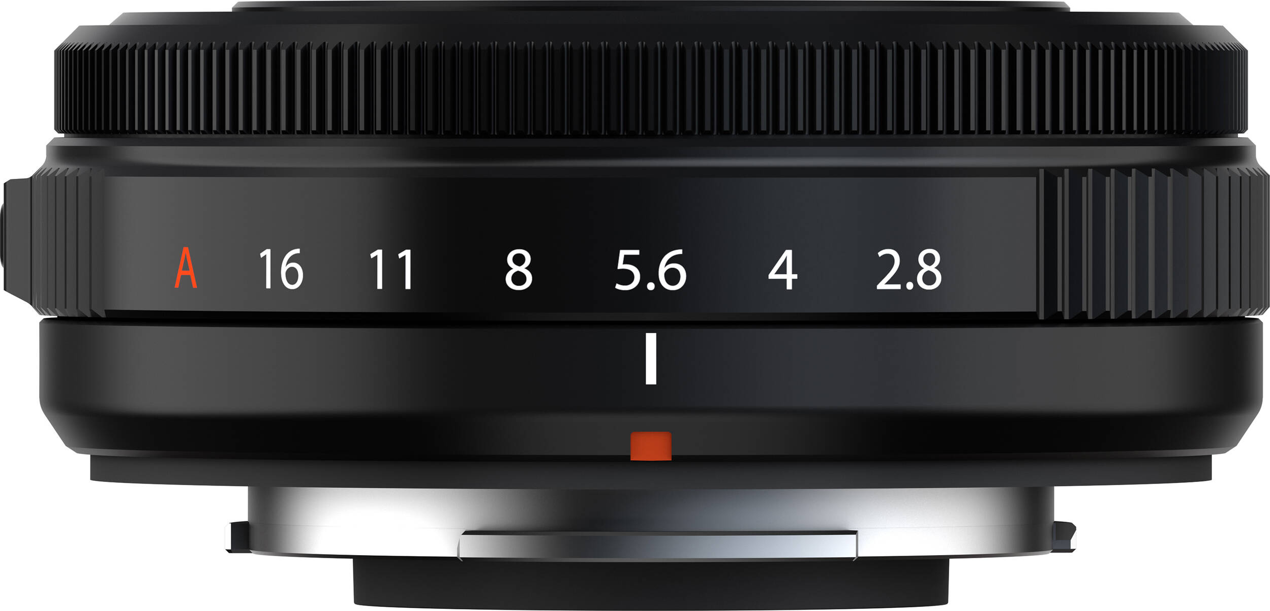 Obiettivo della fotocamera nero. Ha numeri e lettere bianche. Gamma di messa a fuoco da 2.8 a 16.