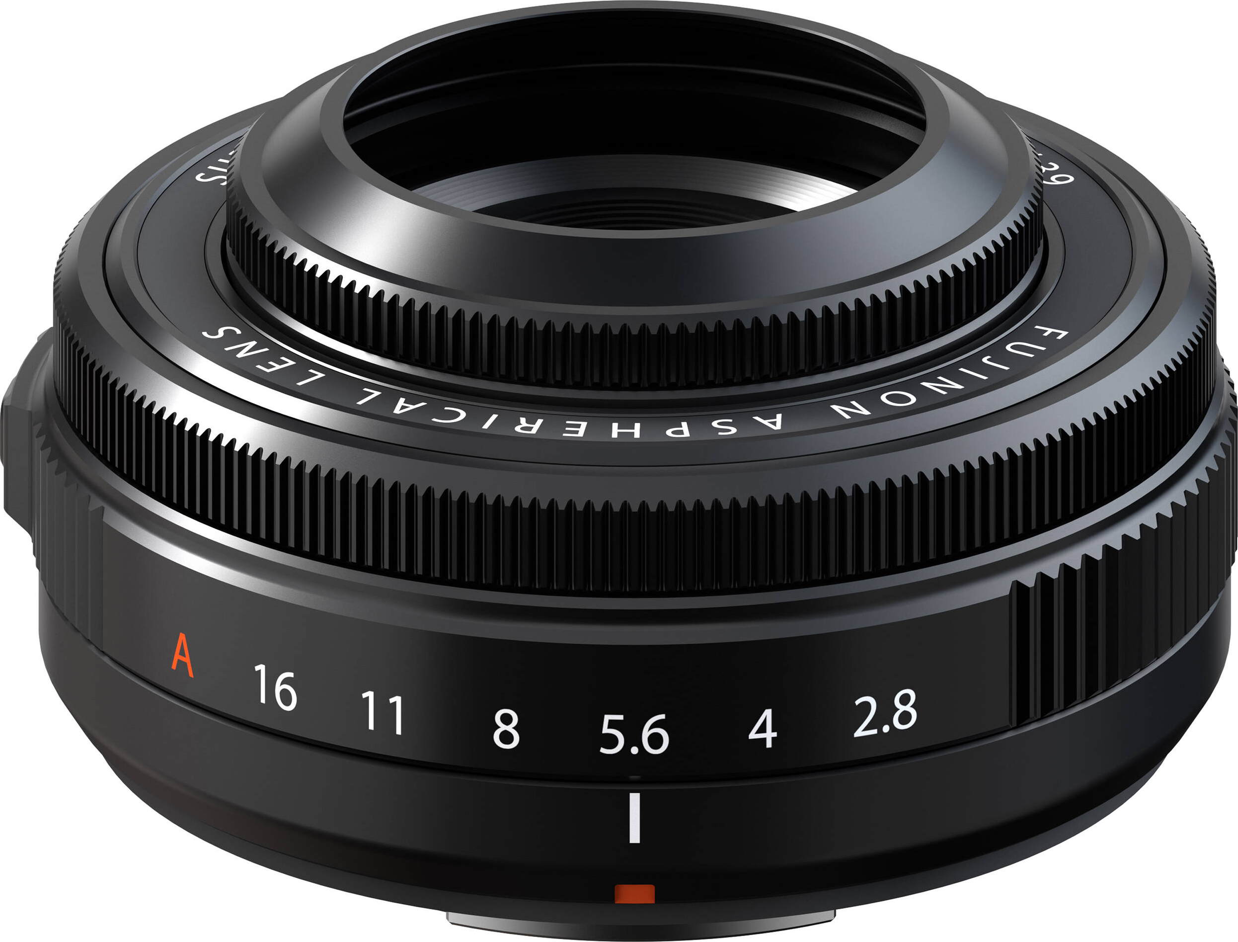 Obiettivo per fotocamera nero con ghiera di messa a fuoco e indicatori di apertura. Logo Fuji visibile.