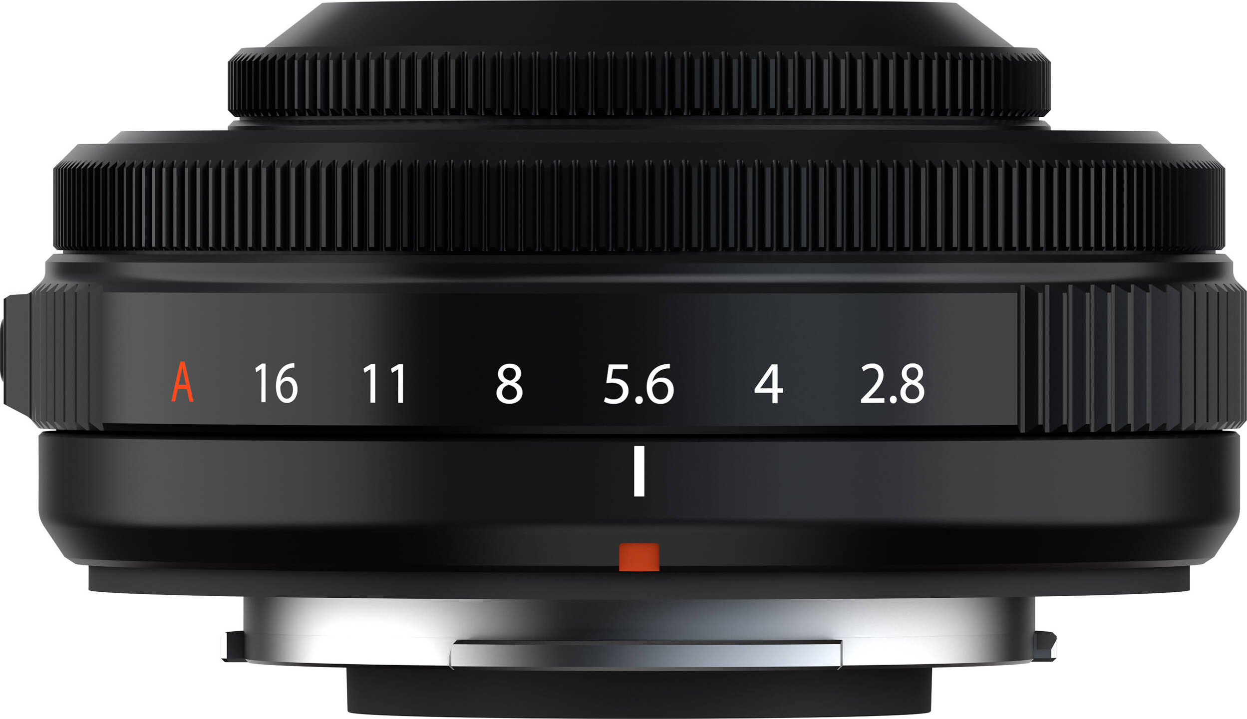 Obiettivo fotocamera nero con impostazioni di messa a fuoco. Sfondo bianco.