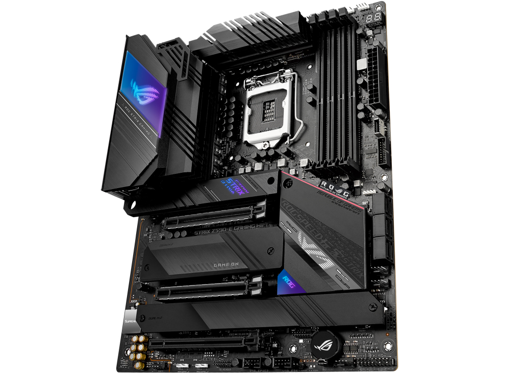 Schwarzes Motherboard. ROG-Logo, verschiedene Komponenten, blaue und violette Akzente.