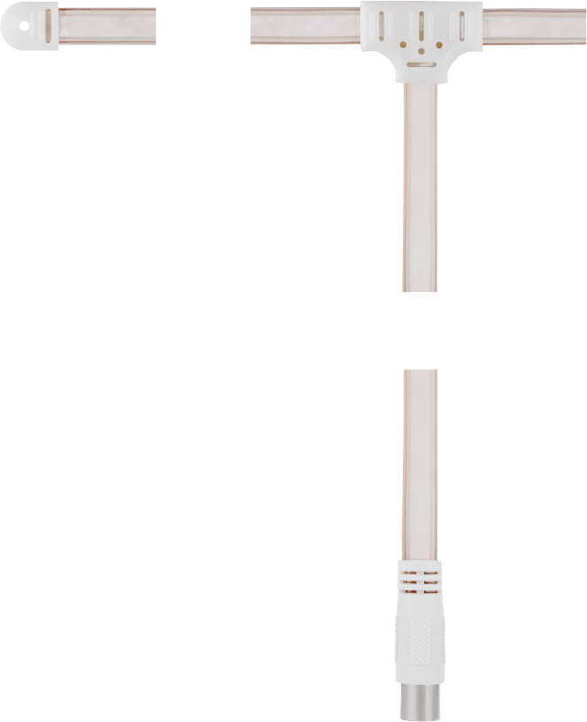 Câble d'antenne blanc cassé, en forme de T, avec un connecteur à une extrémité et une prise à l'autre.