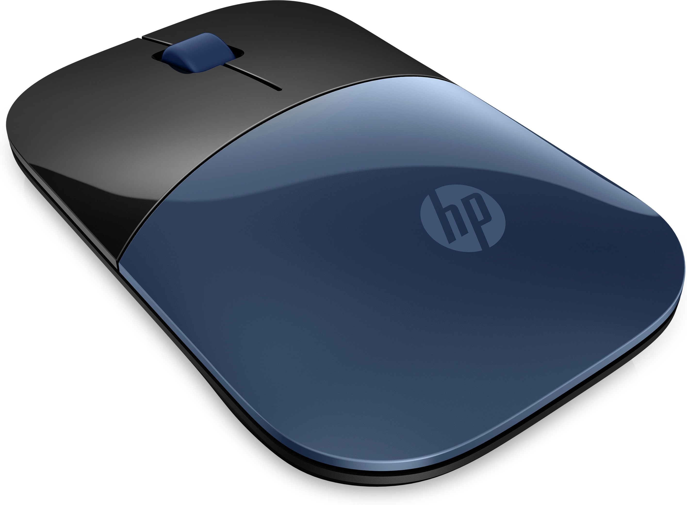 Ratón HP azul y negro. La parte superior es azul, la inferior y los lados son negros.