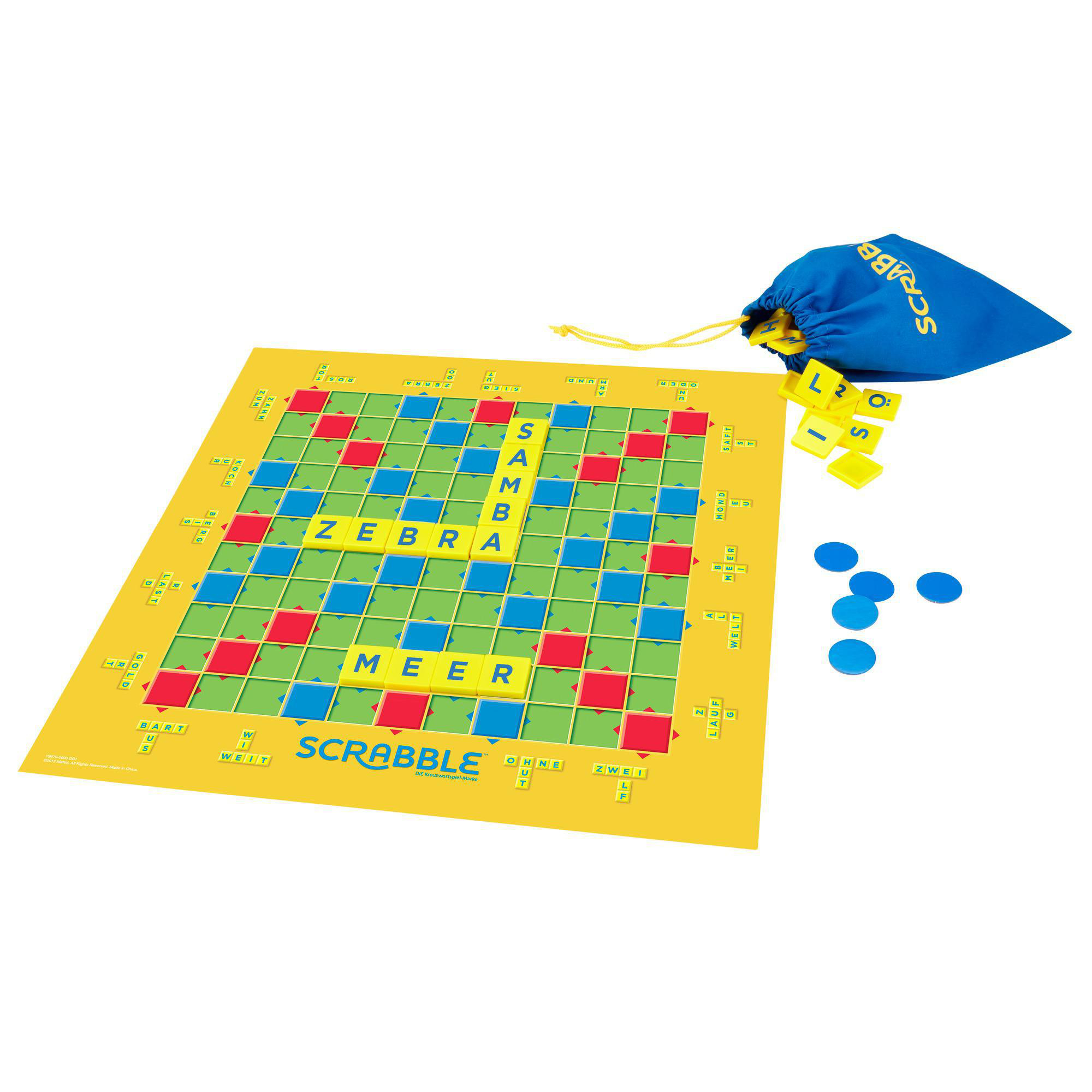 Scrabble-Brettspiel mit Spielsteinen. Das Brett zeigt die Wörter 'ZEBRA', 'MEER' und weitere Wörter.