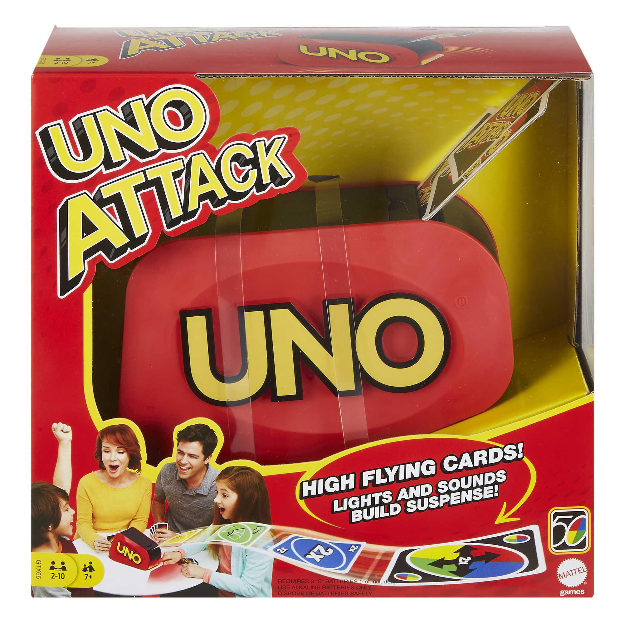 UNO Attack Spielbox mit rotem Gerät und spielender Familie. Die Box zeigt den Spielnamen und das Logo.