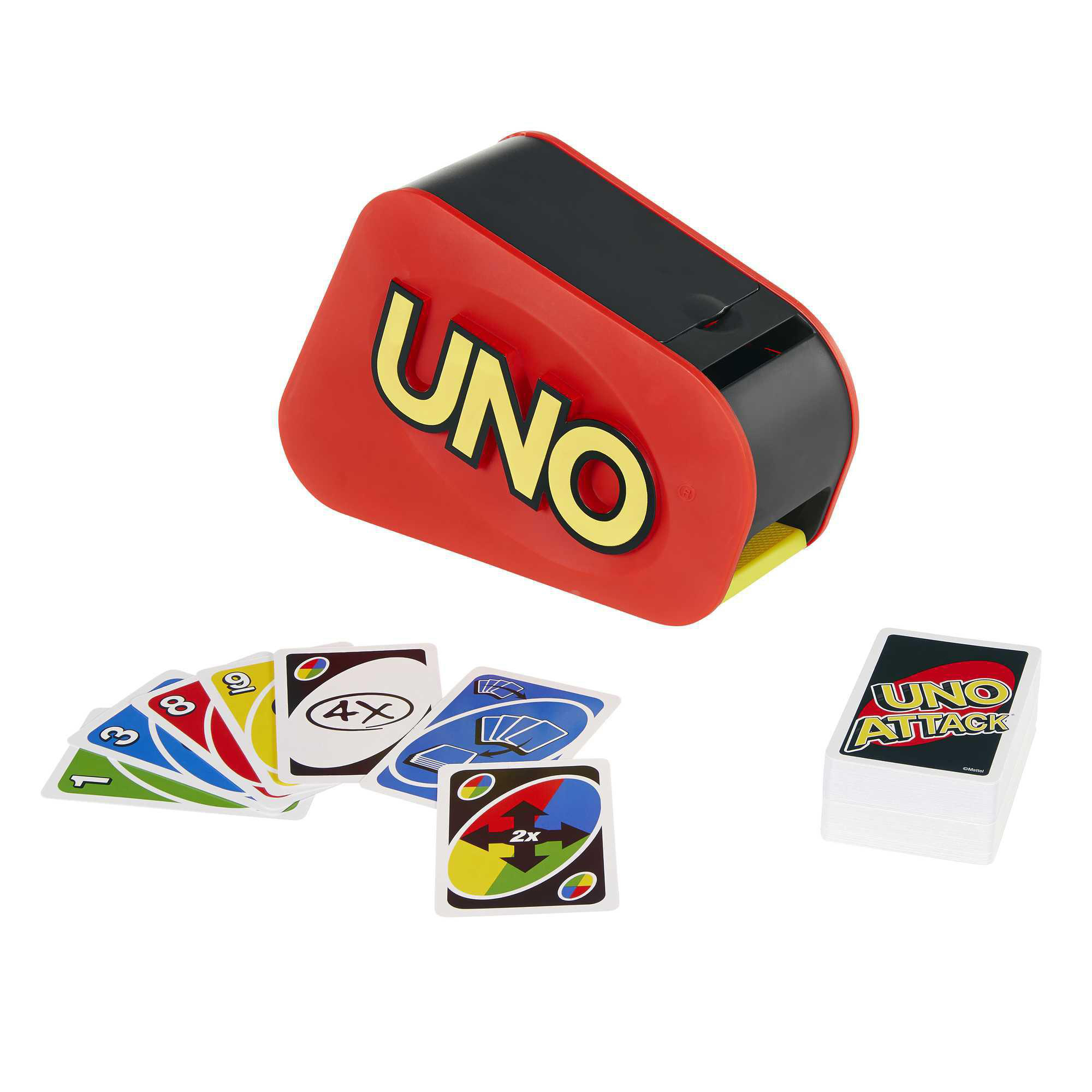 UNO-Spielbox mit herumliegenden Karten. Karten zeigen Zahlen und Farben. Weißer Hintergrund.