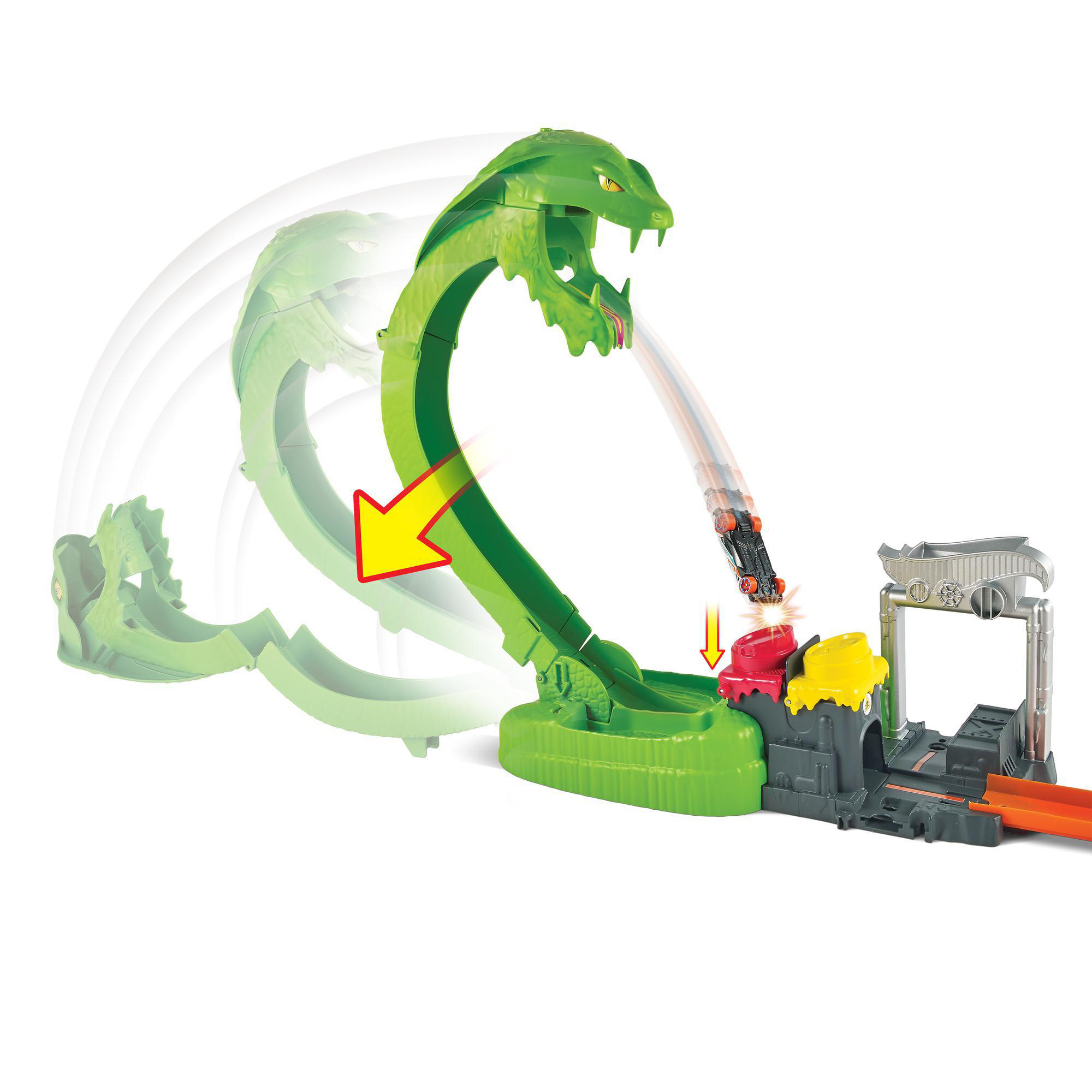 Eine grüne, schlangenförmige Spielzeugrennbahn mit einem Auto. Das Auto fährt die Strecke hinunter. Es gibt rote und gelbe Behälter.