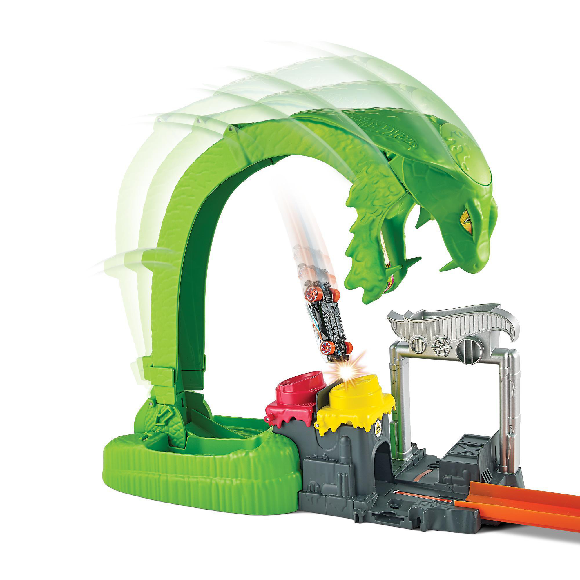 Ein Hot Wheels-Streckenset in Form eines Schlangenbogens, mit einem herabfahrenden Auto. Das Set hat einen grünen Schlangenkopf und eine graue Basis.