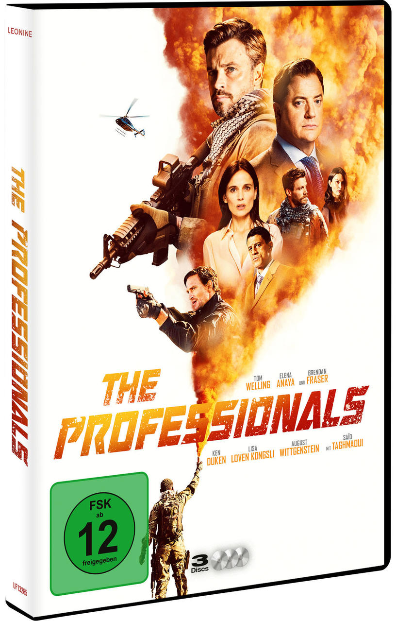 Filmcover: Mehrere Schauspieler, der Titel 'The Professionals', ein Hubschrauber und eine Person mit Fackel.