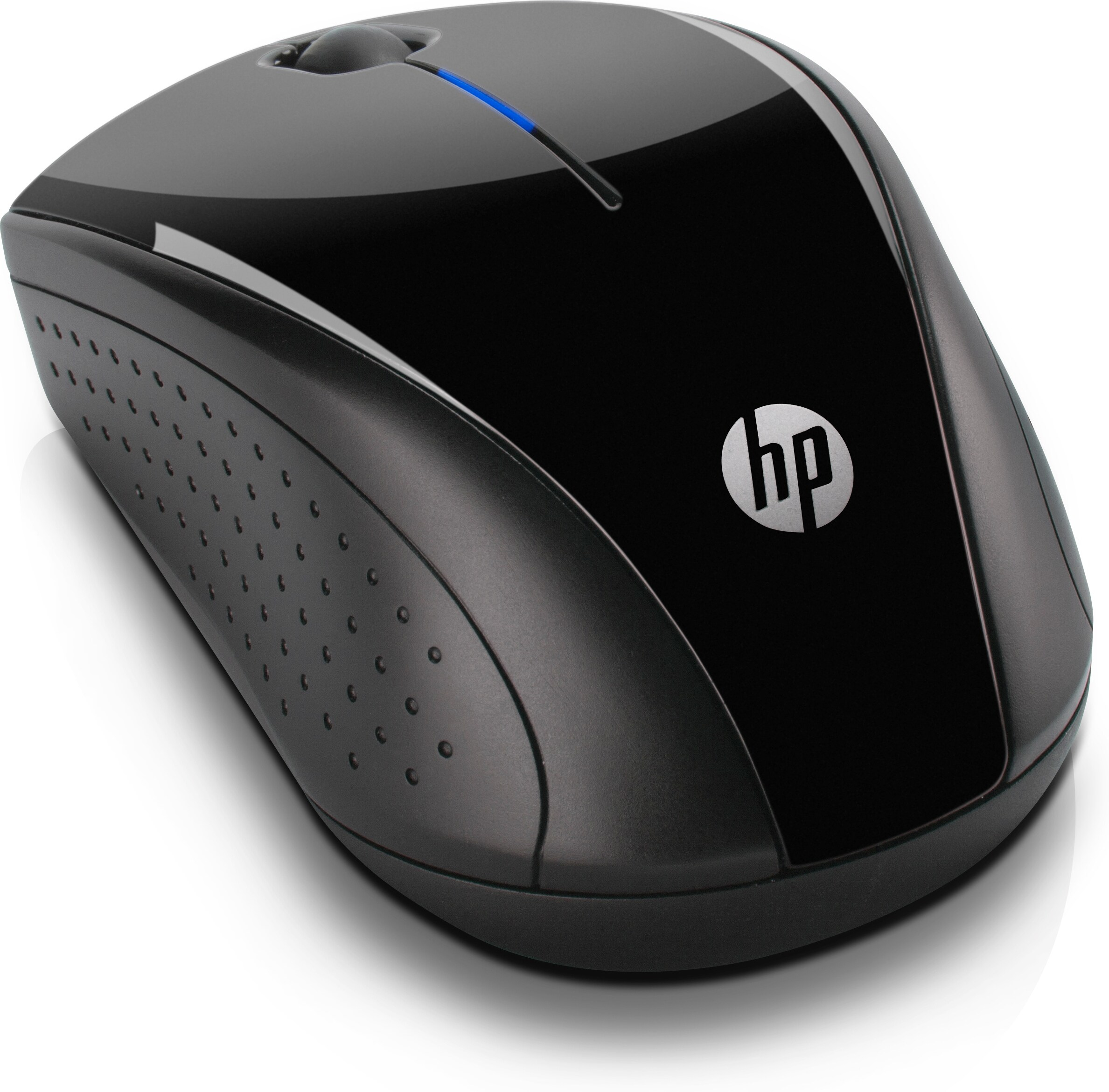 HP logosu ve fonksiyonu gösteren mavi ışık ile siyah HP kablosuz fare.