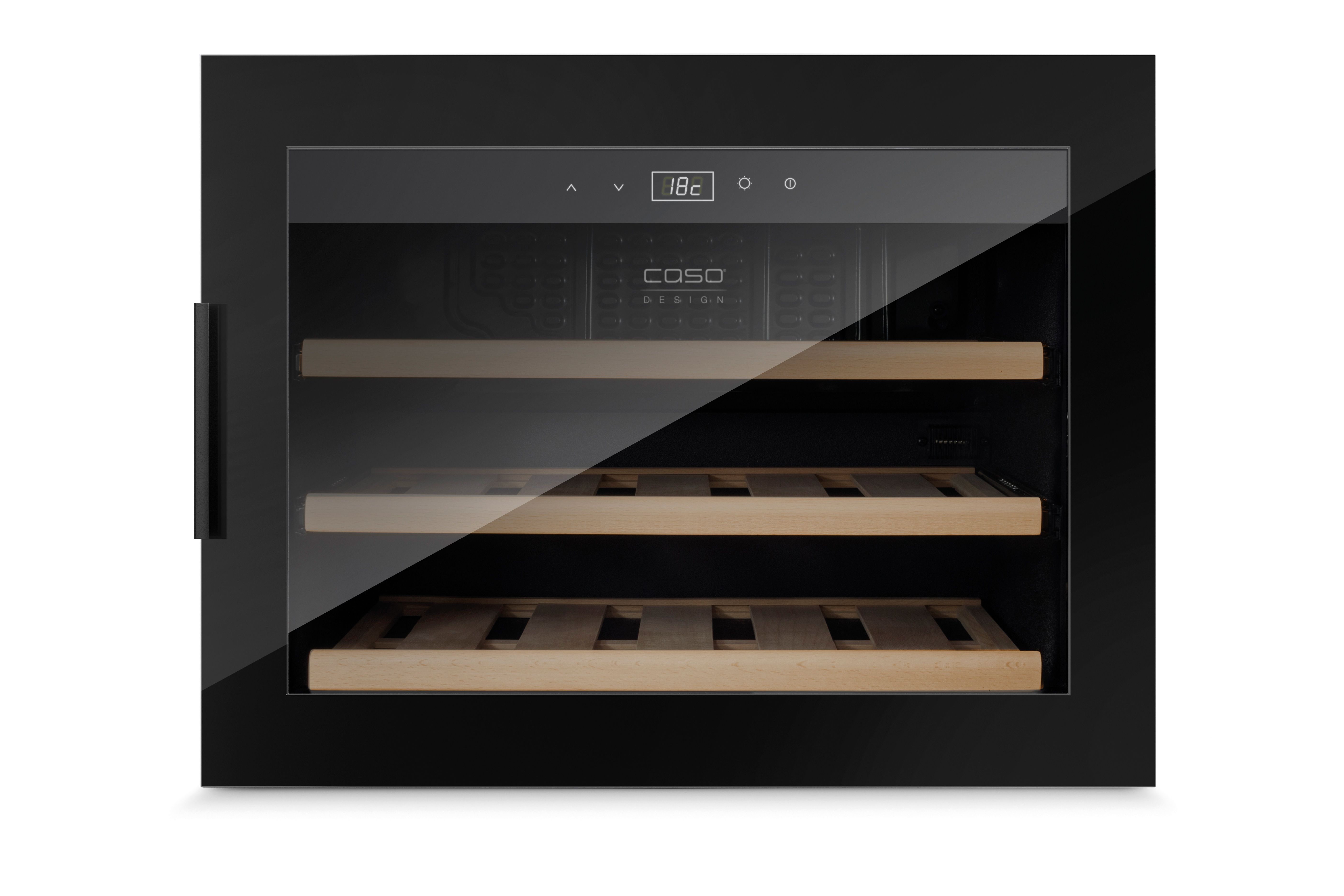 Schwarzer Weinkühler. Glastür mit Holzregalen und Digitalanzeige.