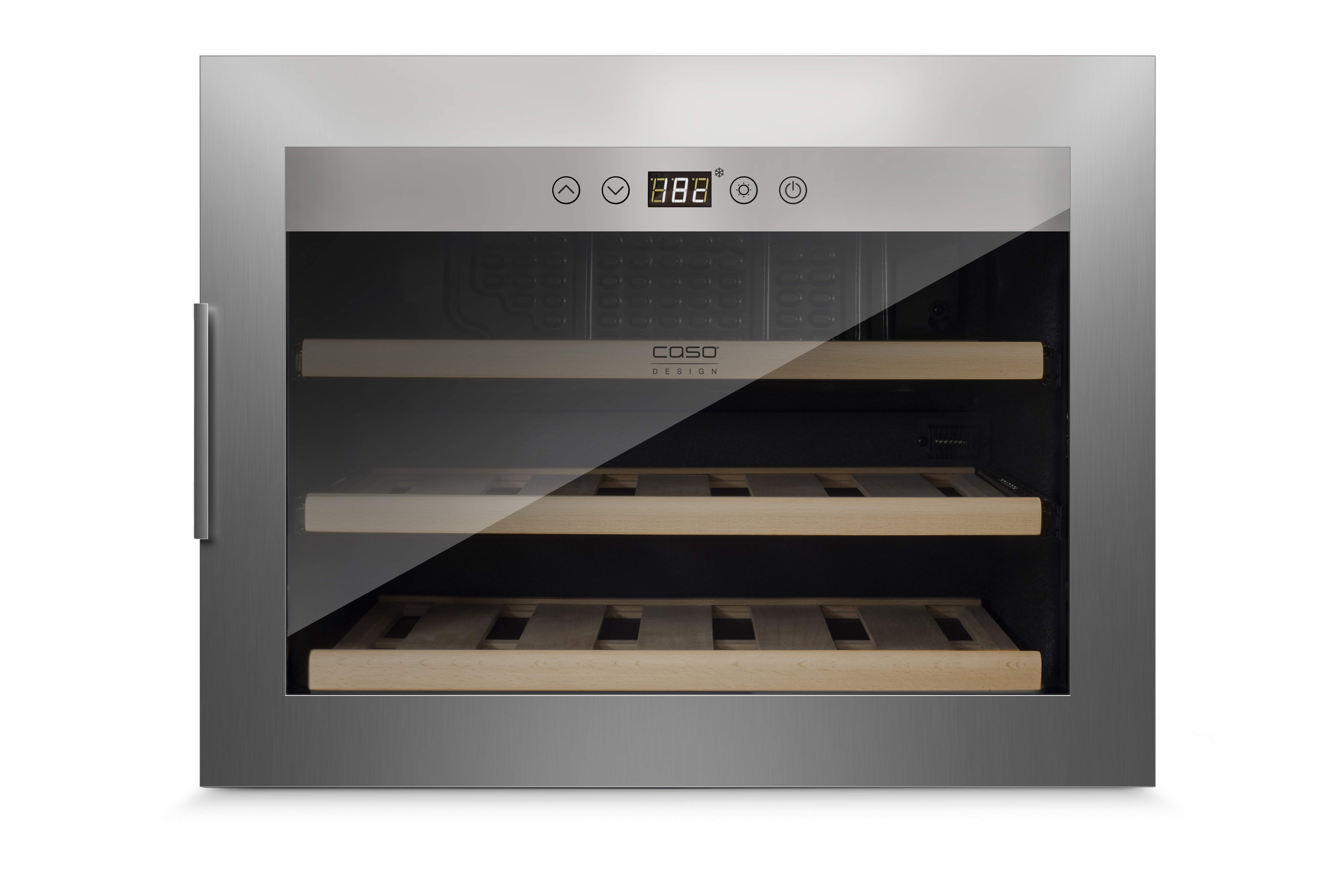 Silberner Weinkühler. Glastür mit Holzregalen und Digitalanzeige.
