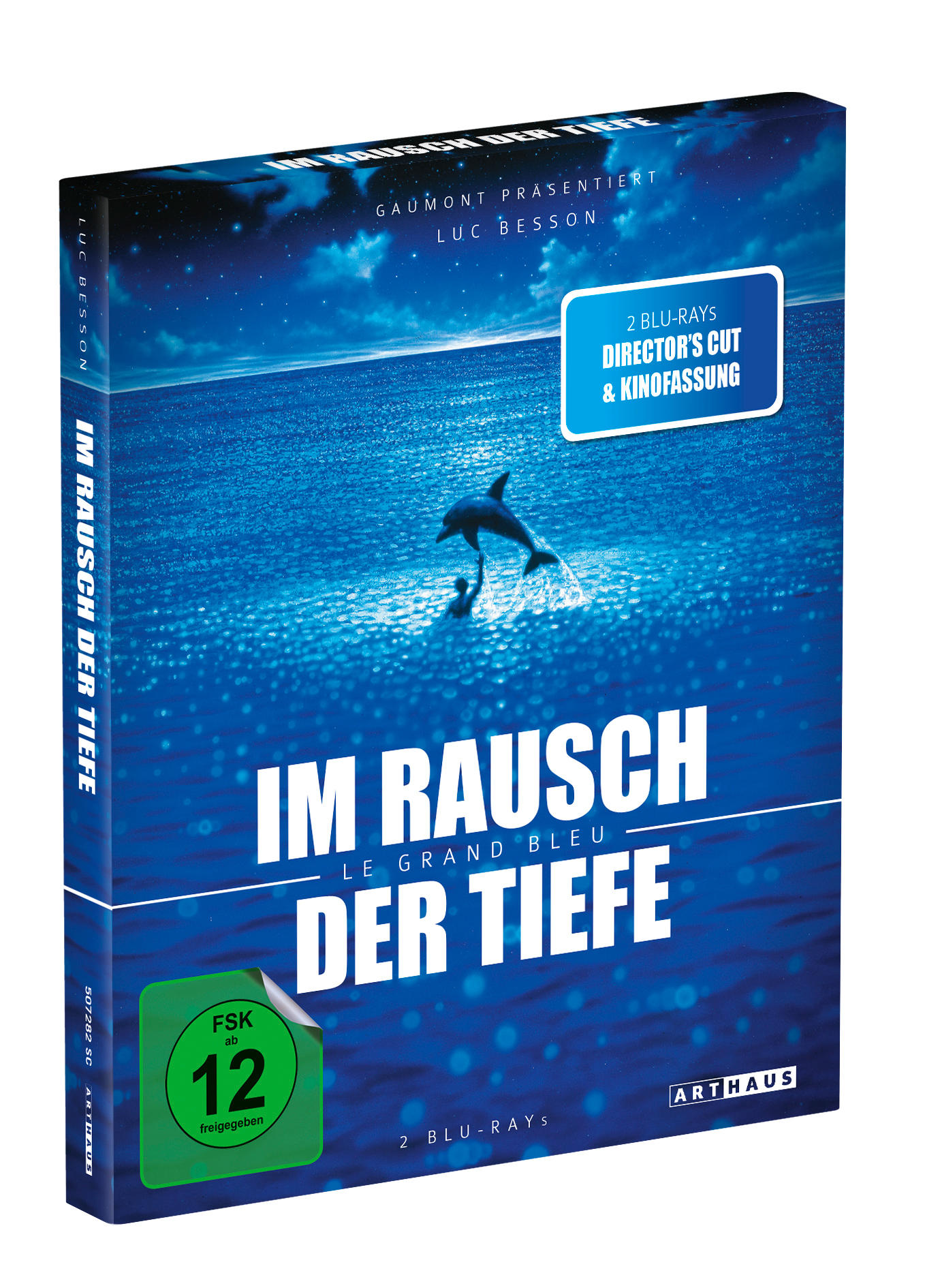 Filmcover. Blaue Ozeanszene mit springendem Delfin. Titel: Im Rausch der Tiefe.