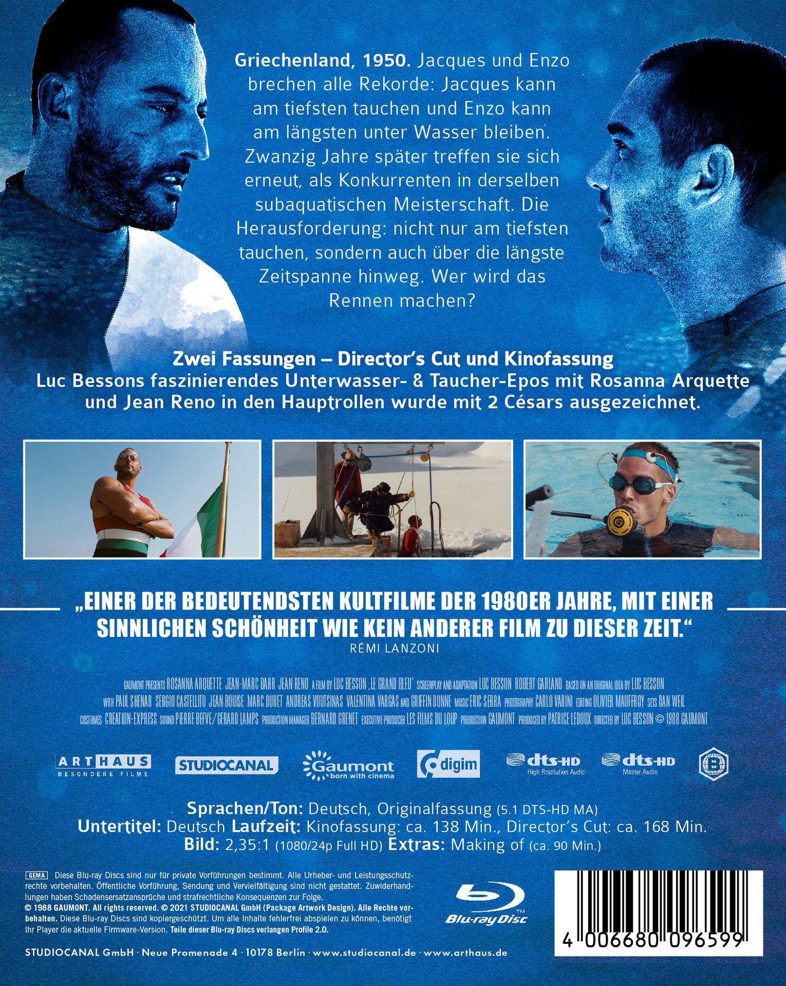 Filmcover mit zwei Männern in Unterwasserausrüstung, französischer Text, blauer Hintergrund.