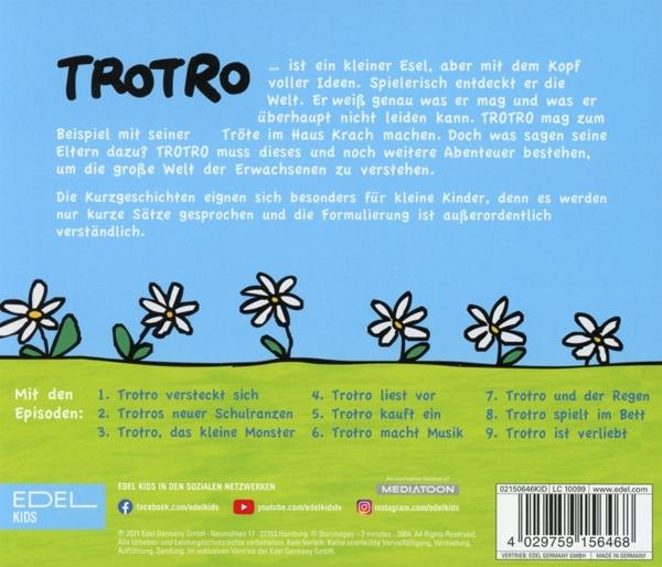 Rückseite eines Kinderbuchs mit Text und Illustrationen von Blumen und animierten Figuren.