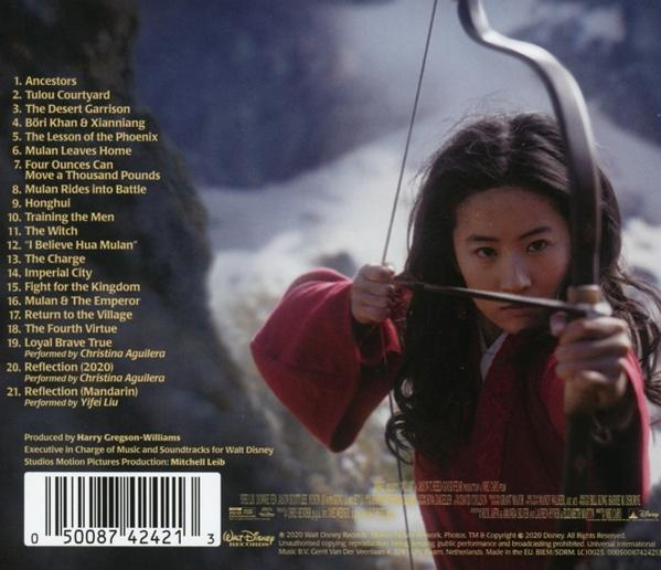 CD-Rückseite mit einer Frau, die Pfeil und Bogen zielt, mit Text.