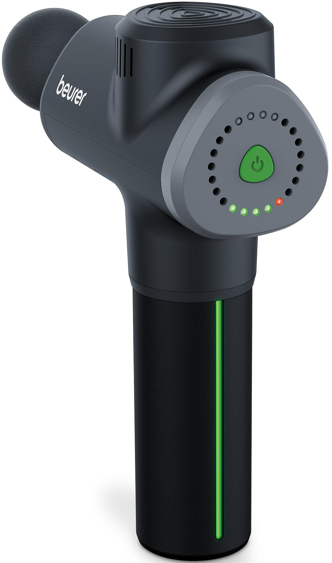 Eine schwarz-graue Massagepistole mit grünem Einschaltknopf und Lichtindikatoren.