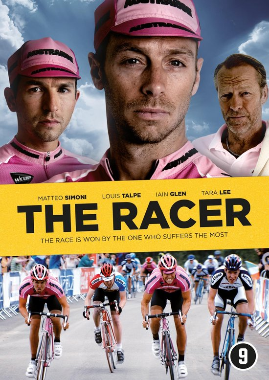 Affiche de film avec des cyclistes en maillots roses et le titre 'The Racer'.