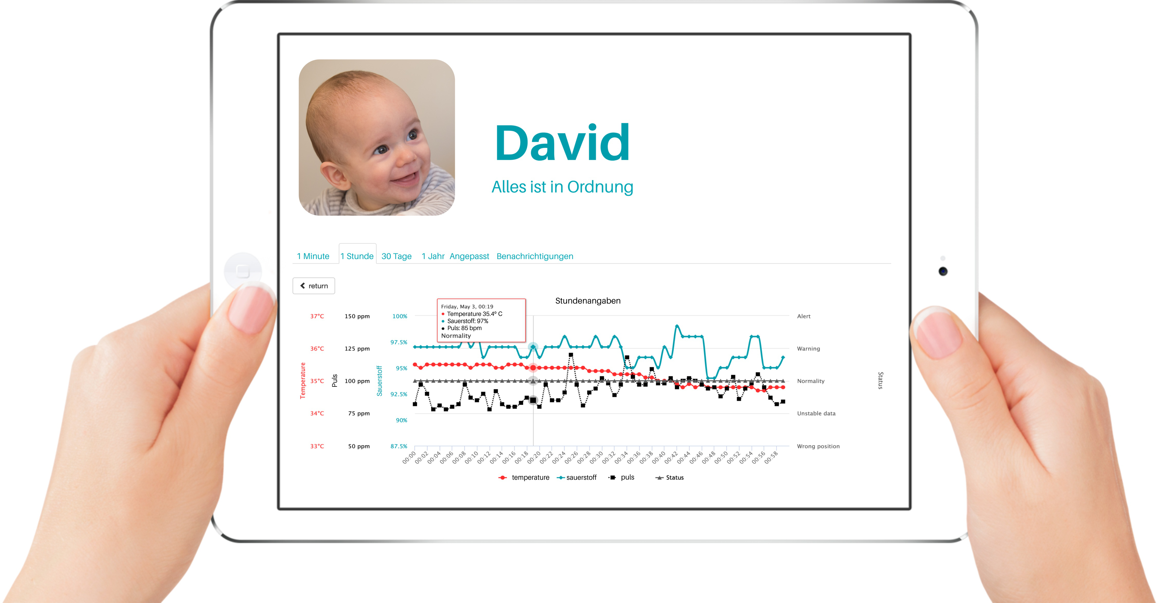 Hände halten ein Tablet mit Babyfoto und Datengrafik.