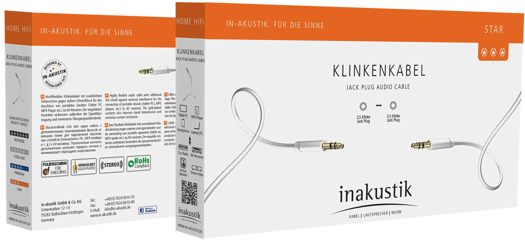Emballage d'un câble audio, fond blanc et texte, avec illustration du câble.