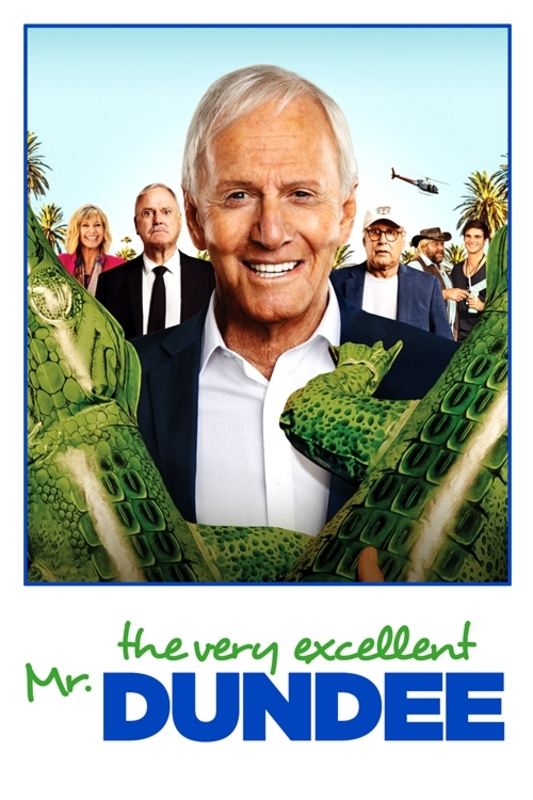Filmposter voor Mr. Dundee. Man lacht met krokodillen, andere mensen op de achtergrond.
