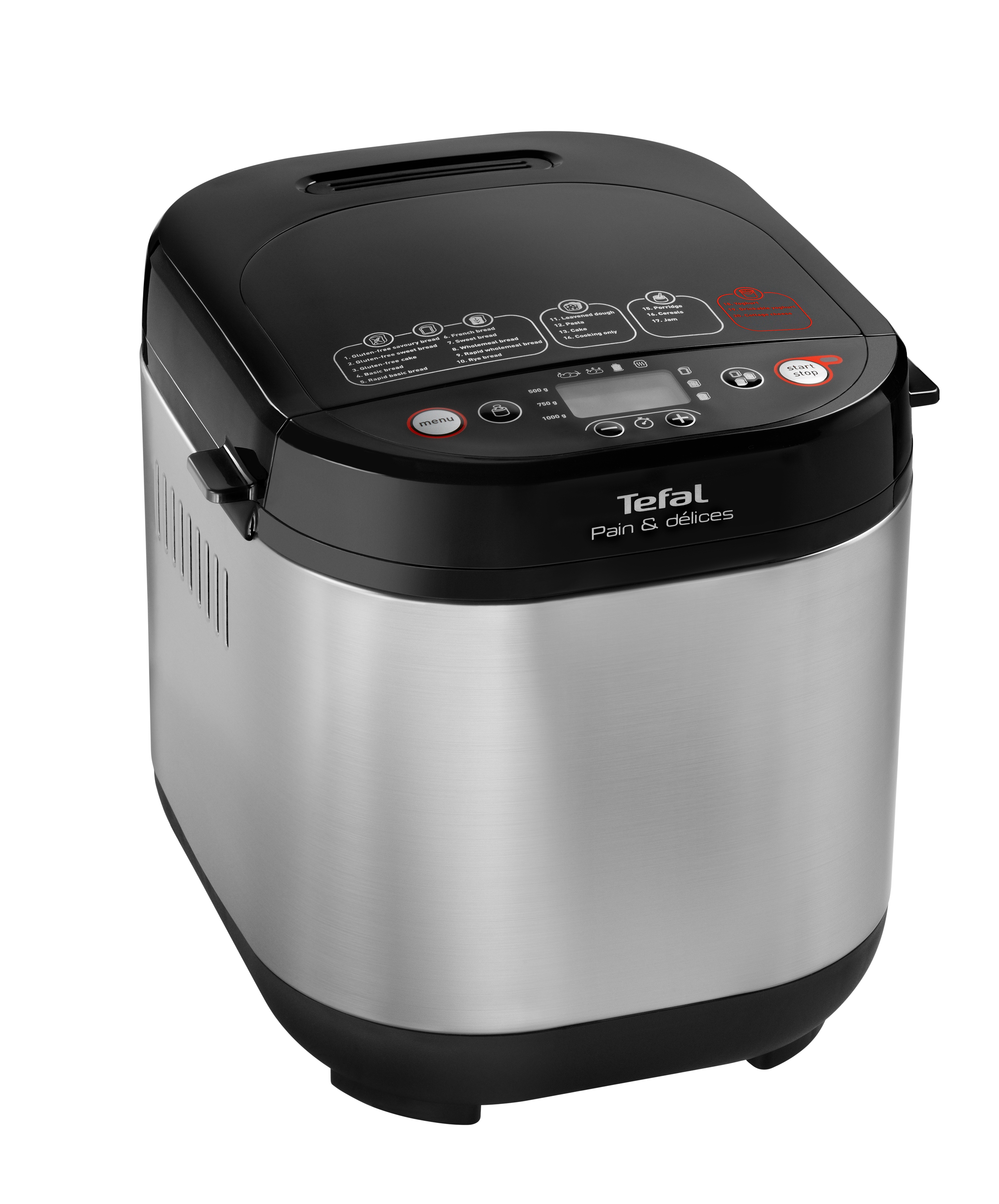 Ein Tefal Brotbackautomat, silber und schwarz mit Digitalanzeige.