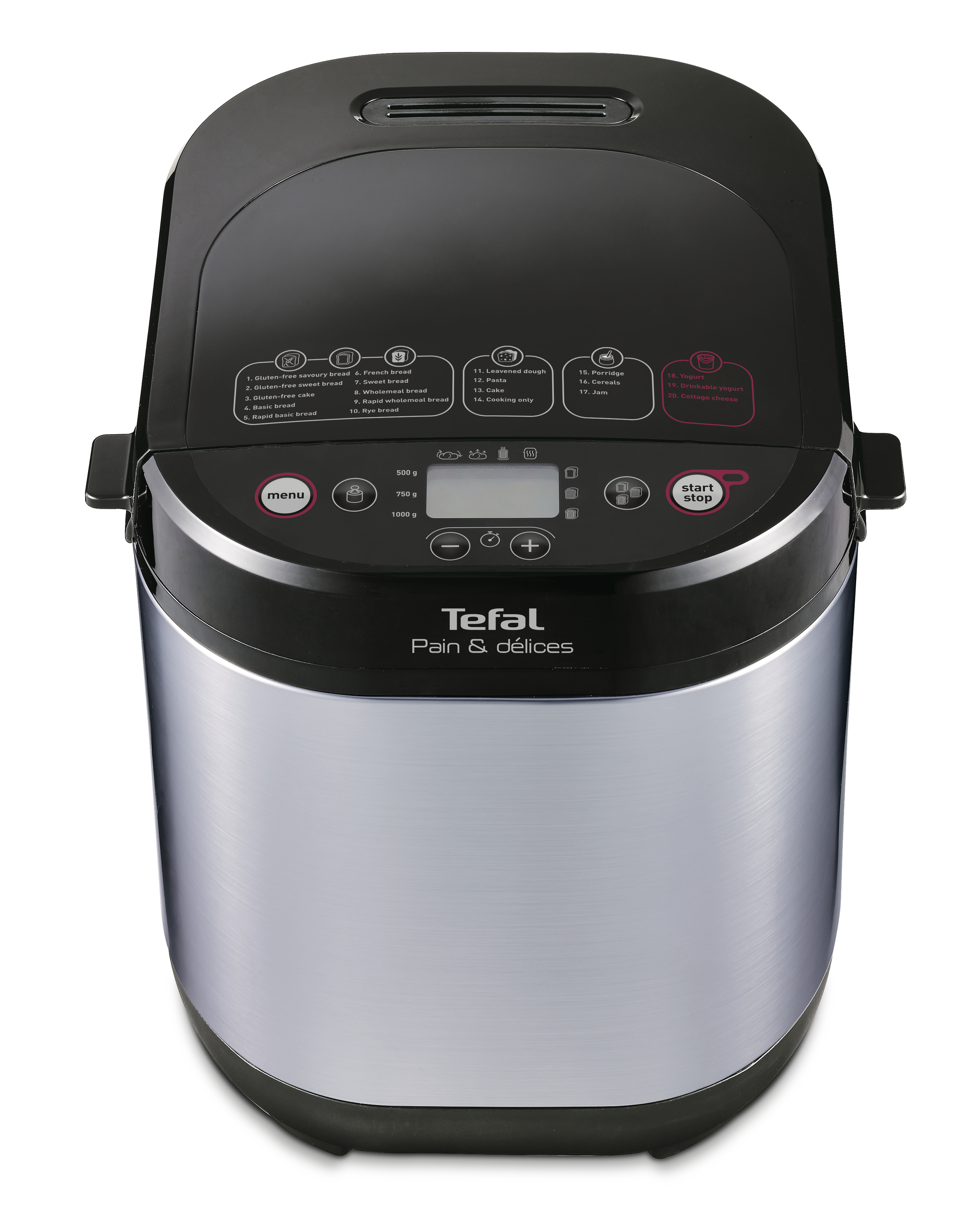 Schwarze und silberne Tefal Brotbackmaschine, Draufsicht, mit Digitalanzeige.