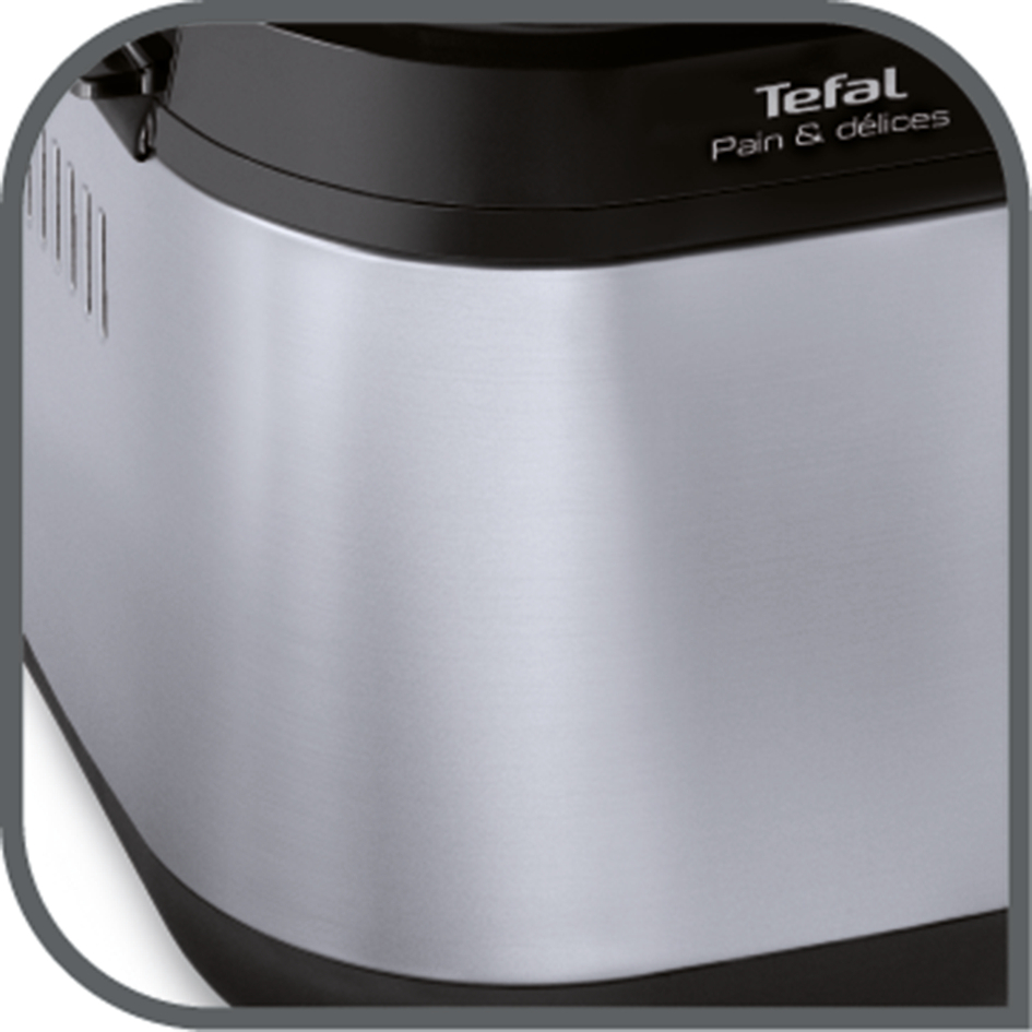 Nahaufnahme eines silbernen und schwarzen Tefal Brotbackautomaten.