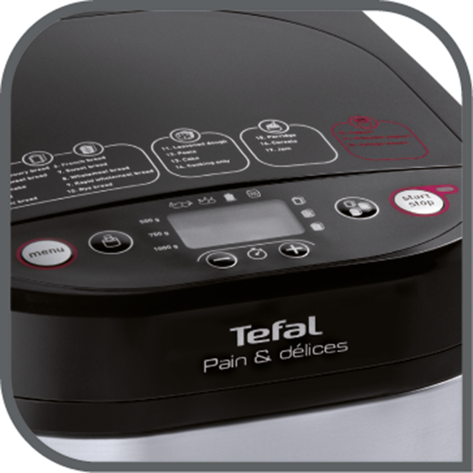 Schwarzer Tefal Pain & Délices Brotbackautomat mit Start/Stopp-Taste und Menü.