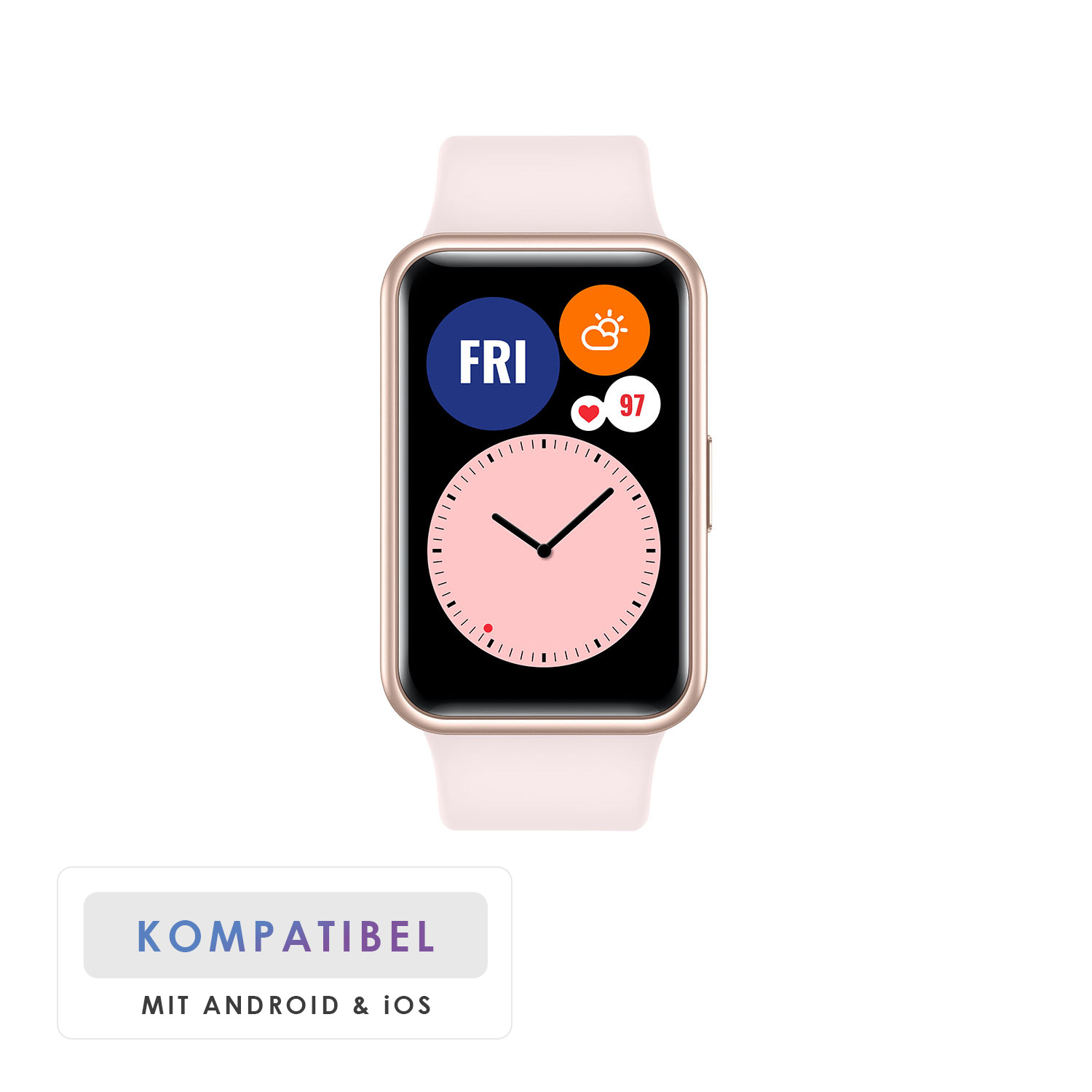 Smartwatch mit rosafarbenem Zifferblatt, das Datum und Uhrzeit anzeigt. Das Armband ist hellrosa.