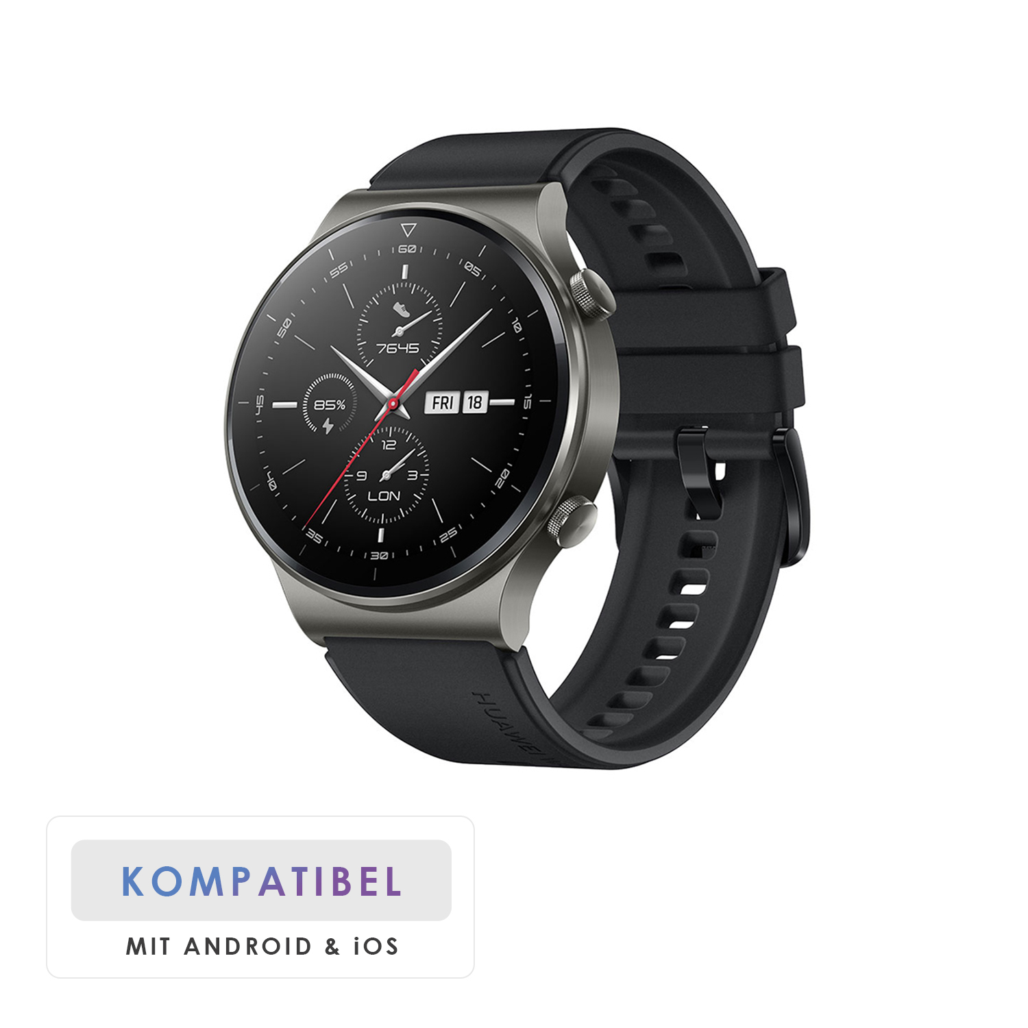 Eine Smartwatch mit schwarzem Armband. Ein Etikett besagt, kompatibel mit Android & iOS.