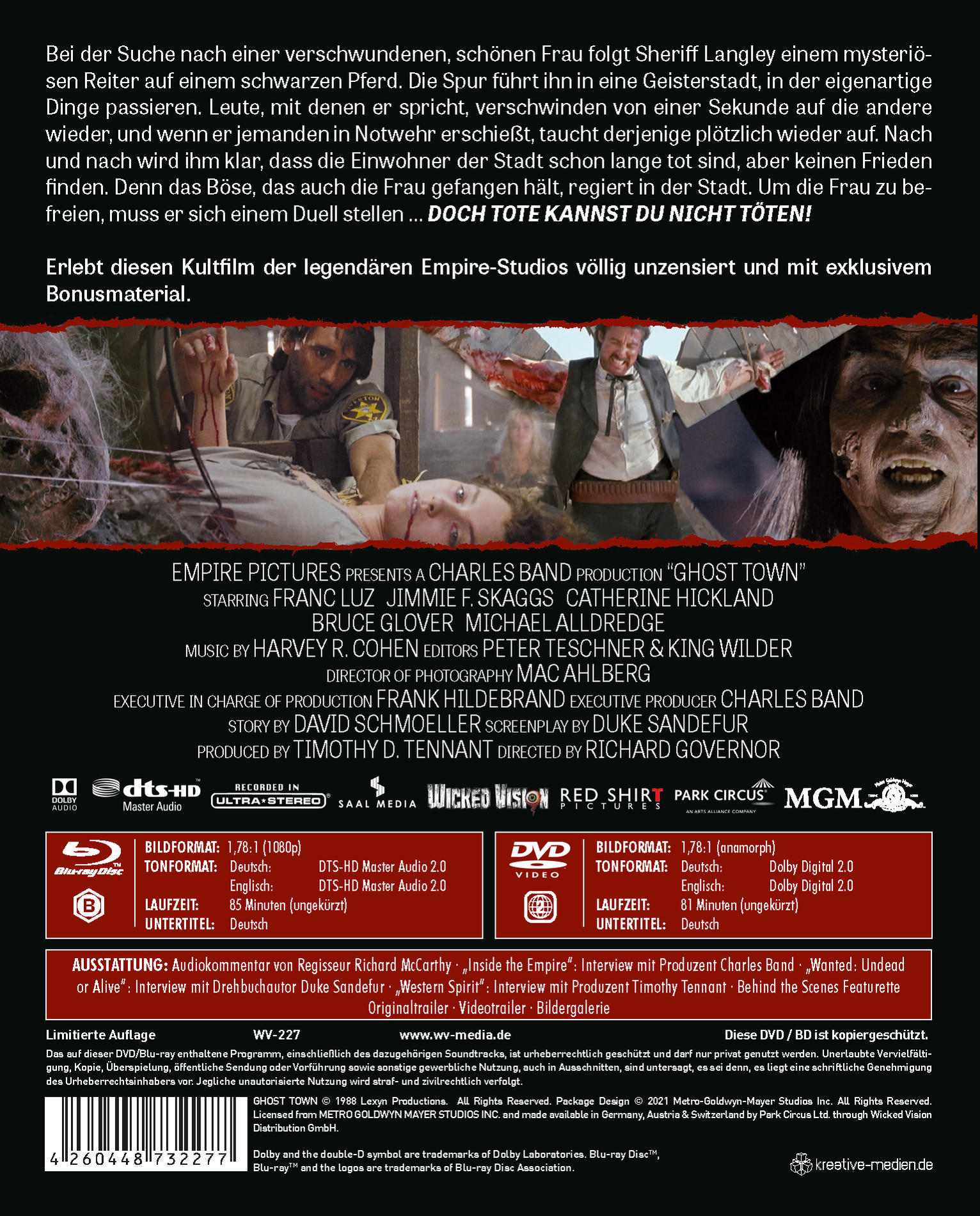 Rückseite einer DVD, mit Text auf Deutsch, mit einem Zombie-Bild.