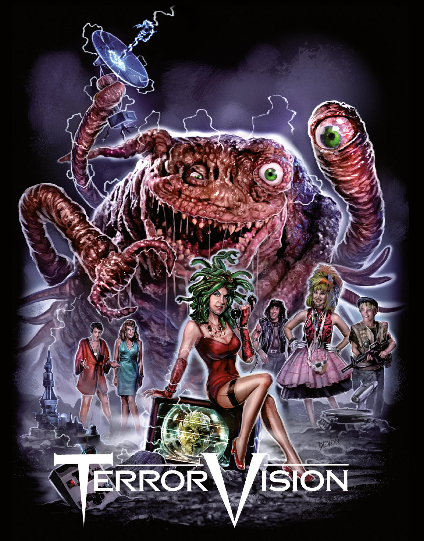TerrorVision-Filmplakat. Enthält ein Monster mit Tentakeln und verschiedene Charaktere in einer Science-Fiction-Umgebung.