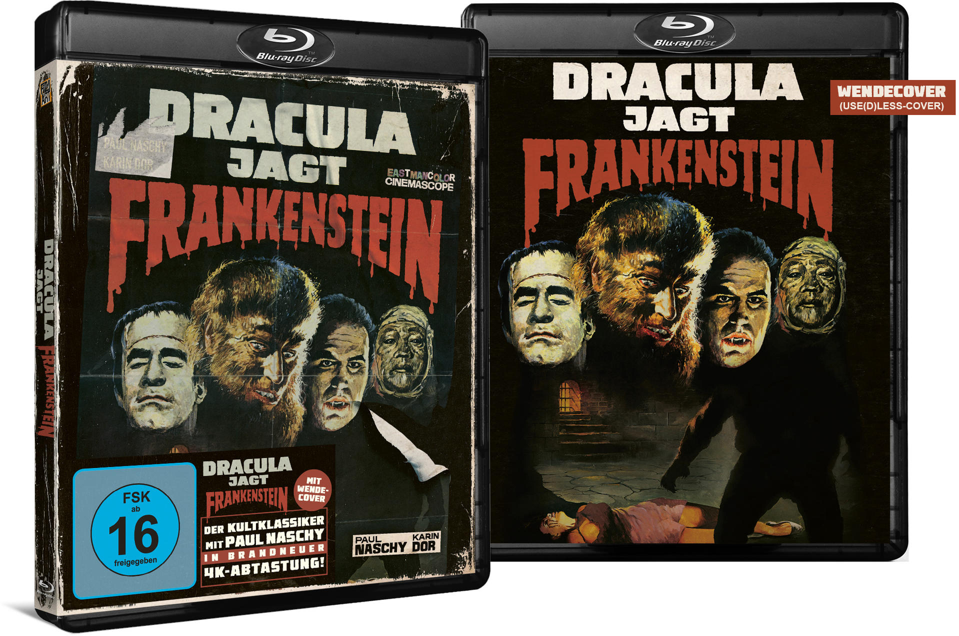 Zwei nebeneinander liegende Blu-ray-Hüllen, Filmplakate von Dracula Jagt Frankenstein.