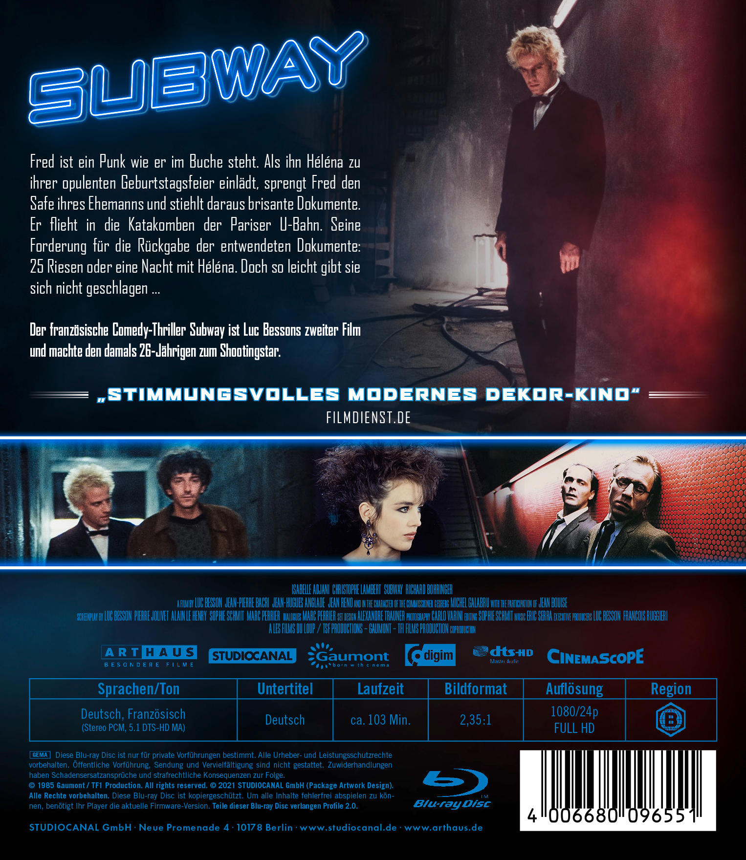 Filmposter für Subway. Es zeigt Schauspieler, Filmgutschriften und einen blauen Hintergrund mit französischem Text.