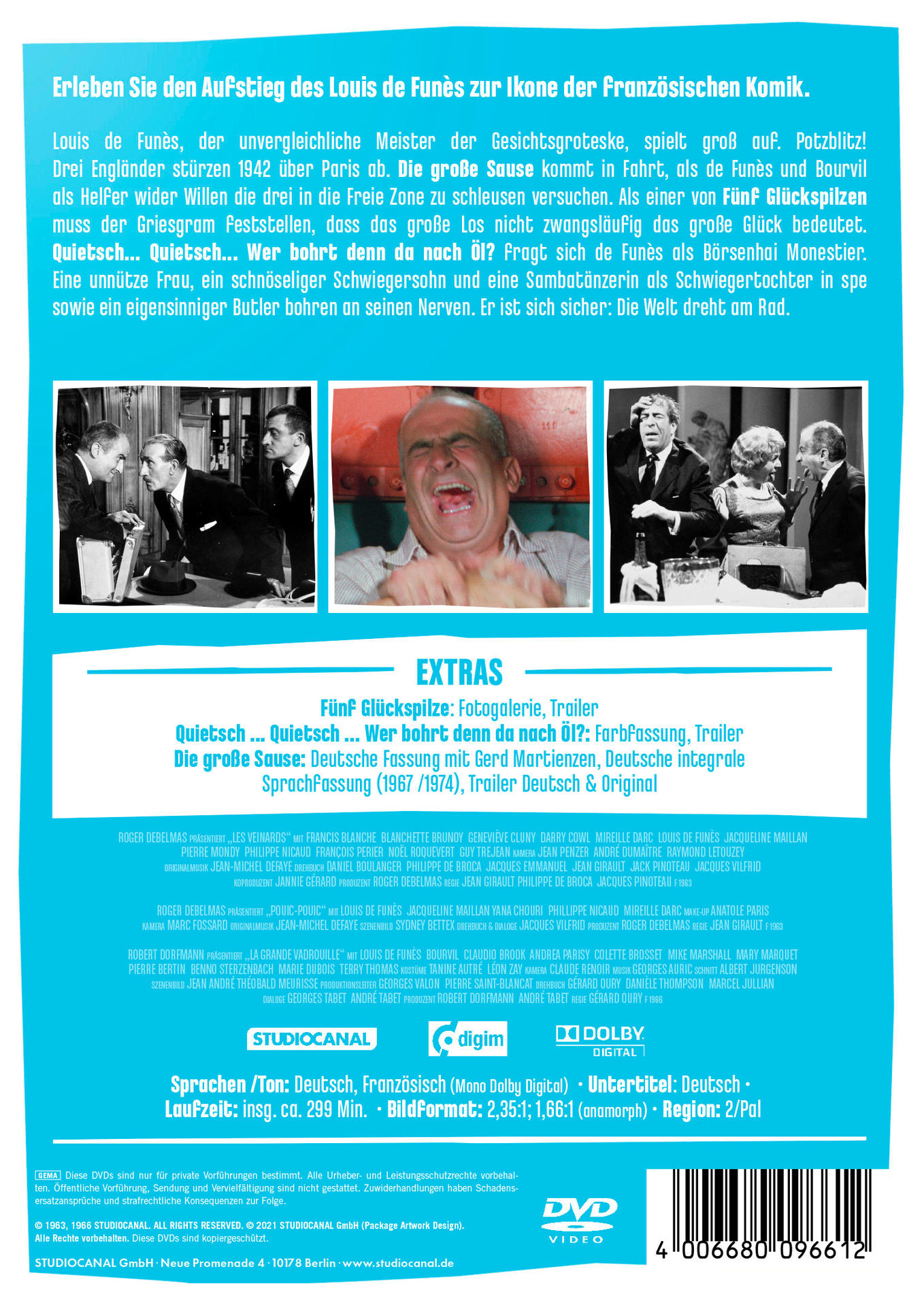 DVD-Hülle, französischer Film mit Louis de Funès. Rückseite mit Szenen und Text.