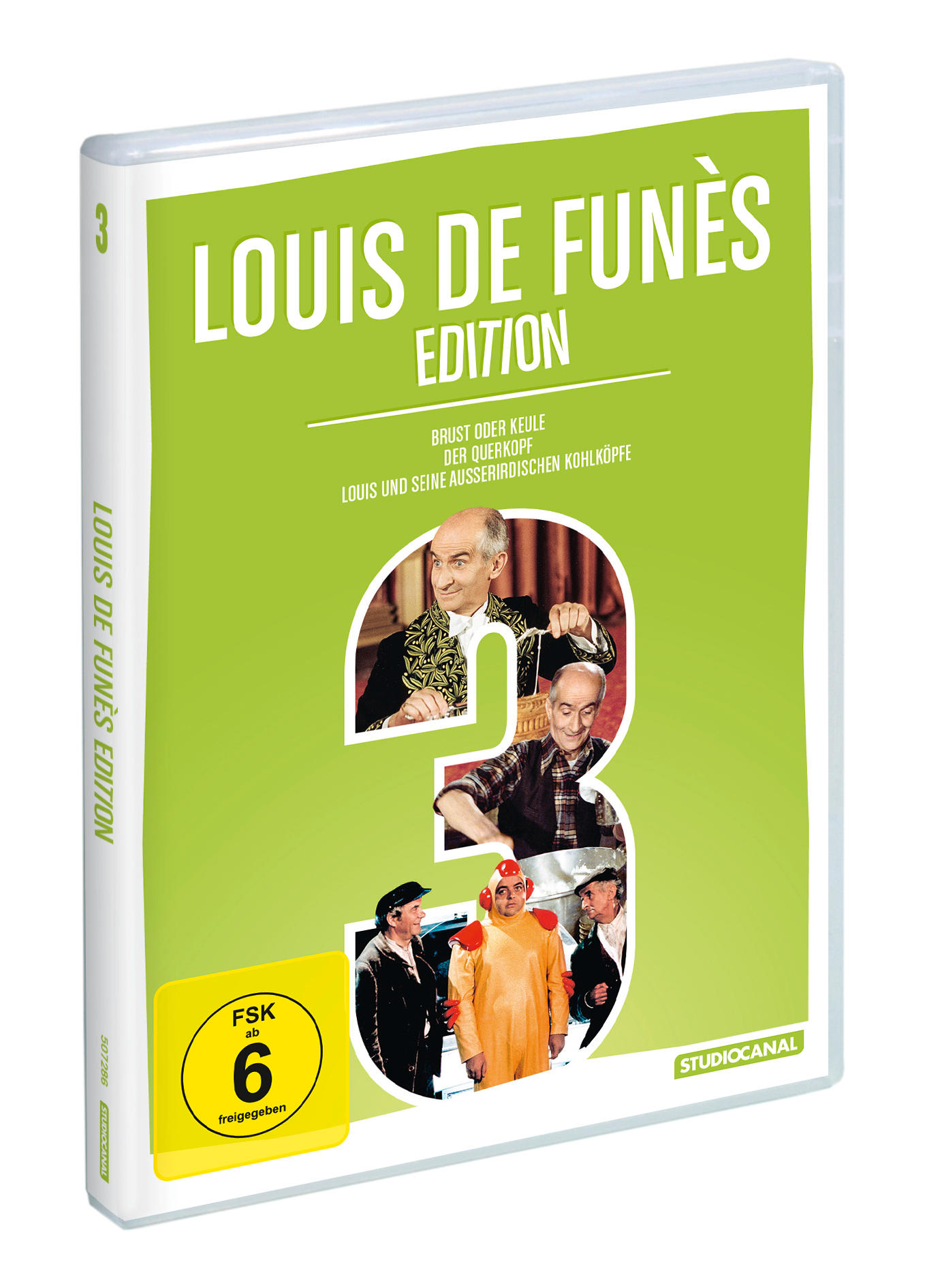 DVD-Hülle mit Louis de Funès Edition. Grüner Umschlag mit Bildern des Schauspielers und der Zahl 3. Weißer Hintergrund.