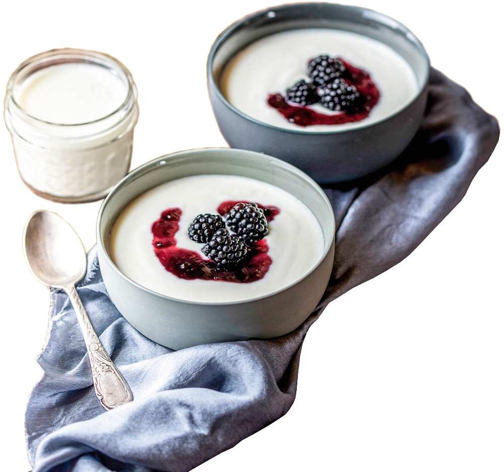 Zwei Schalen Joghurt mit Brombeeren und Sauce, ein Glas Joghurt und ein Löffel.