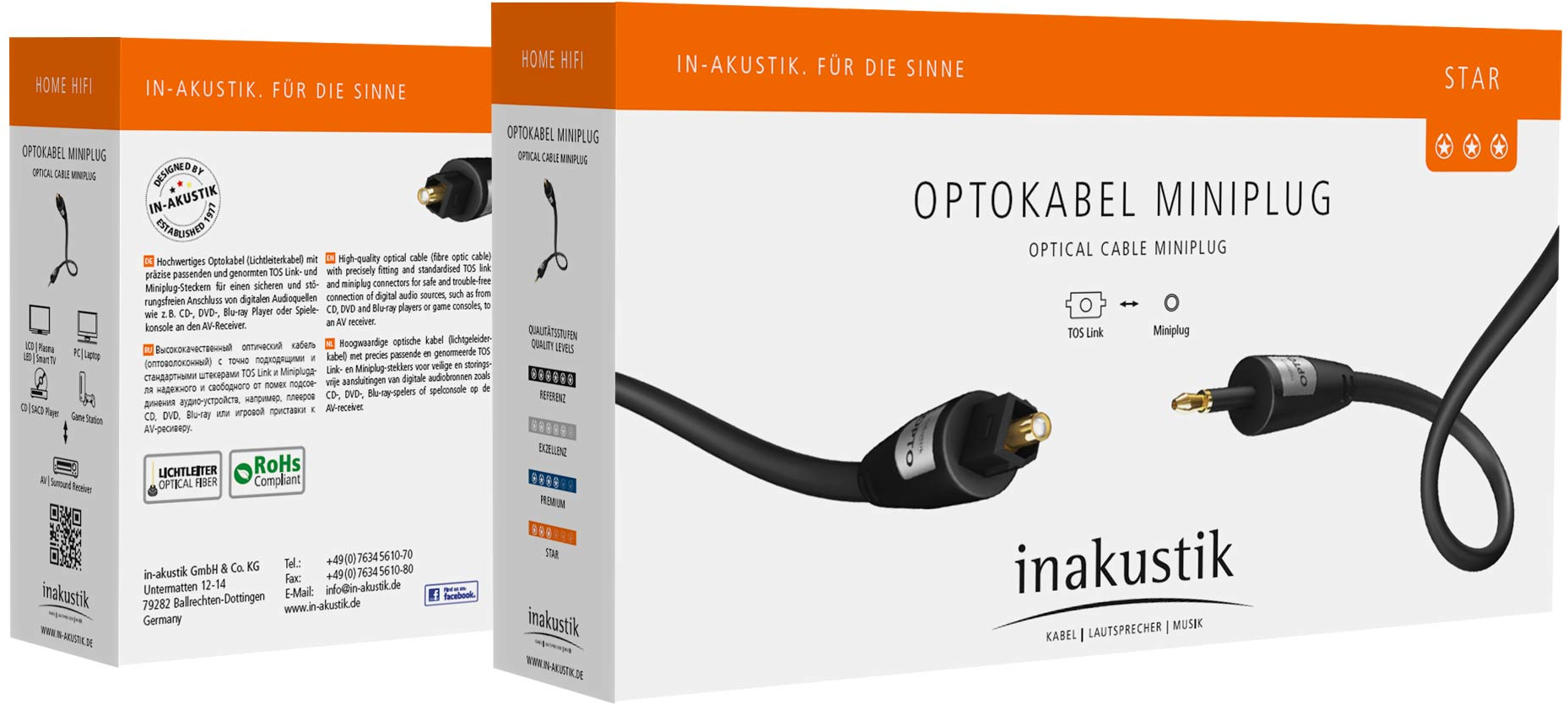 Deux boîtes avec mini-prise de câble optique, avec fond blanc et orange.