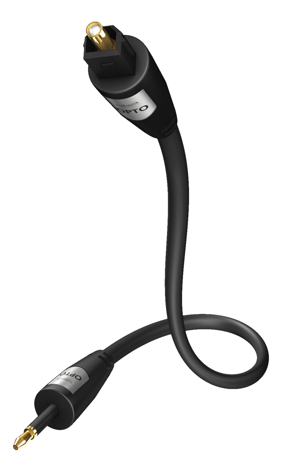 Câble audio optique noir avec connecteurs dorés, isolé sur fond noir.