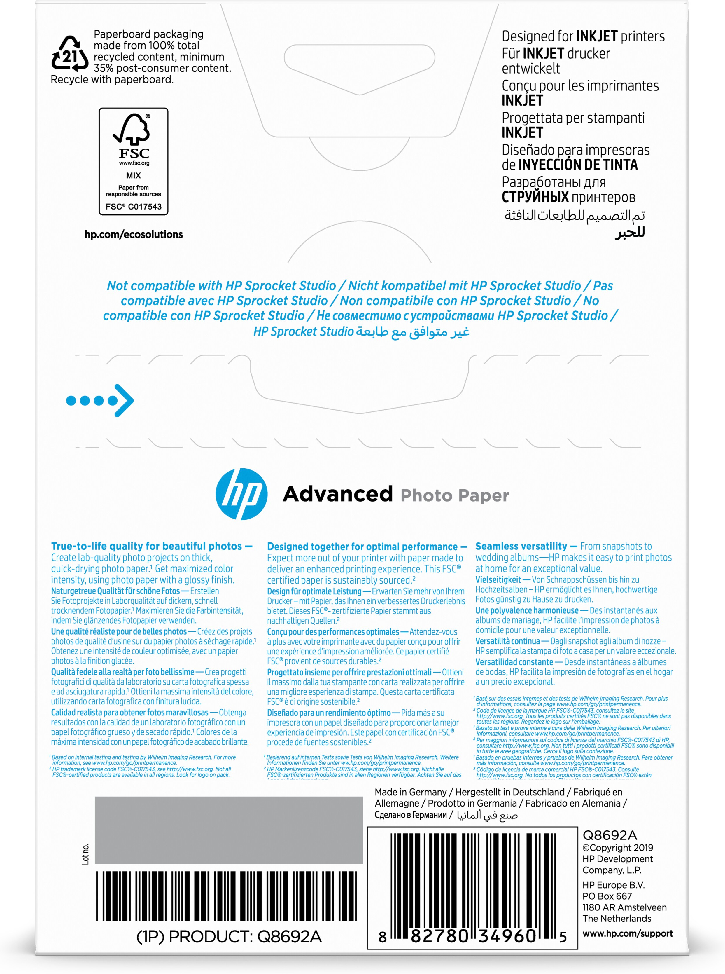 Fotopapierverpackung. Weiß mit HP-Logo und Produktinfo.