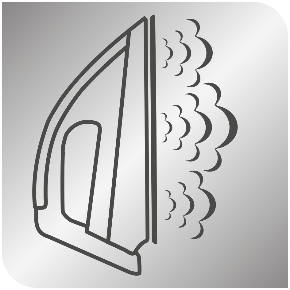Bügeleisen-Illustration mit Dampf. Grauer Hintergrund, aufsteigender Dampf, Umrissstil.