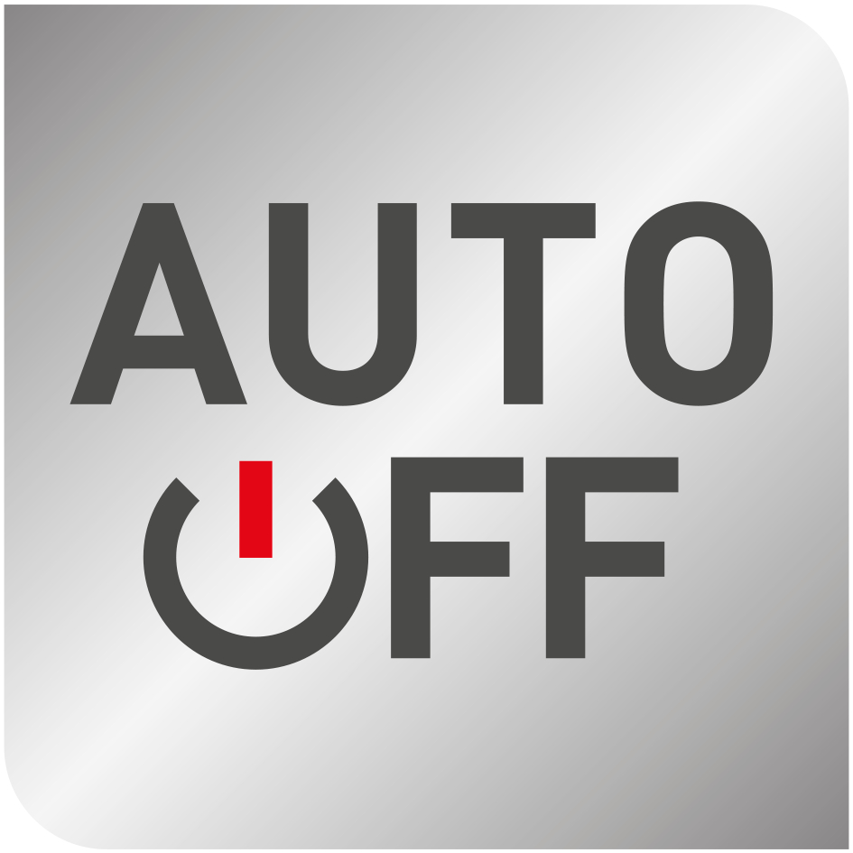 Silbernes metallisches Quadrat mit AUTO OFF-Text und einem Stromsymbol.