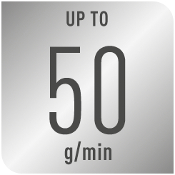 Ein silbernes Schild mit der Aufschrift BIS ZU 50 g/min.
