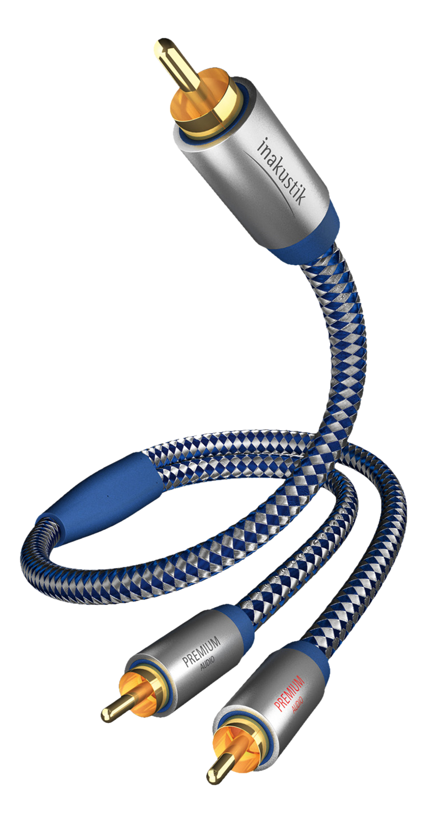 Silbernes und blaues Audiokabel mit goldenen Anschlüssen, schwarzer Hintergrund.