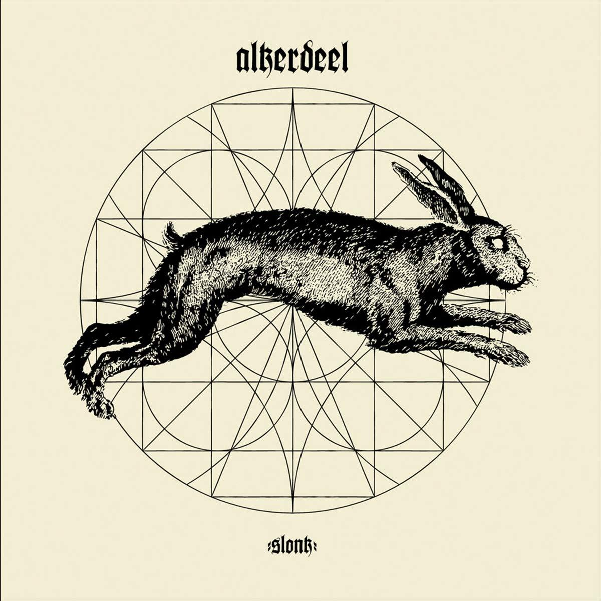 Illustration en noir et blanc d'un lapin dans un cercle avec le texte 'slonk' et 'altherdeel'.