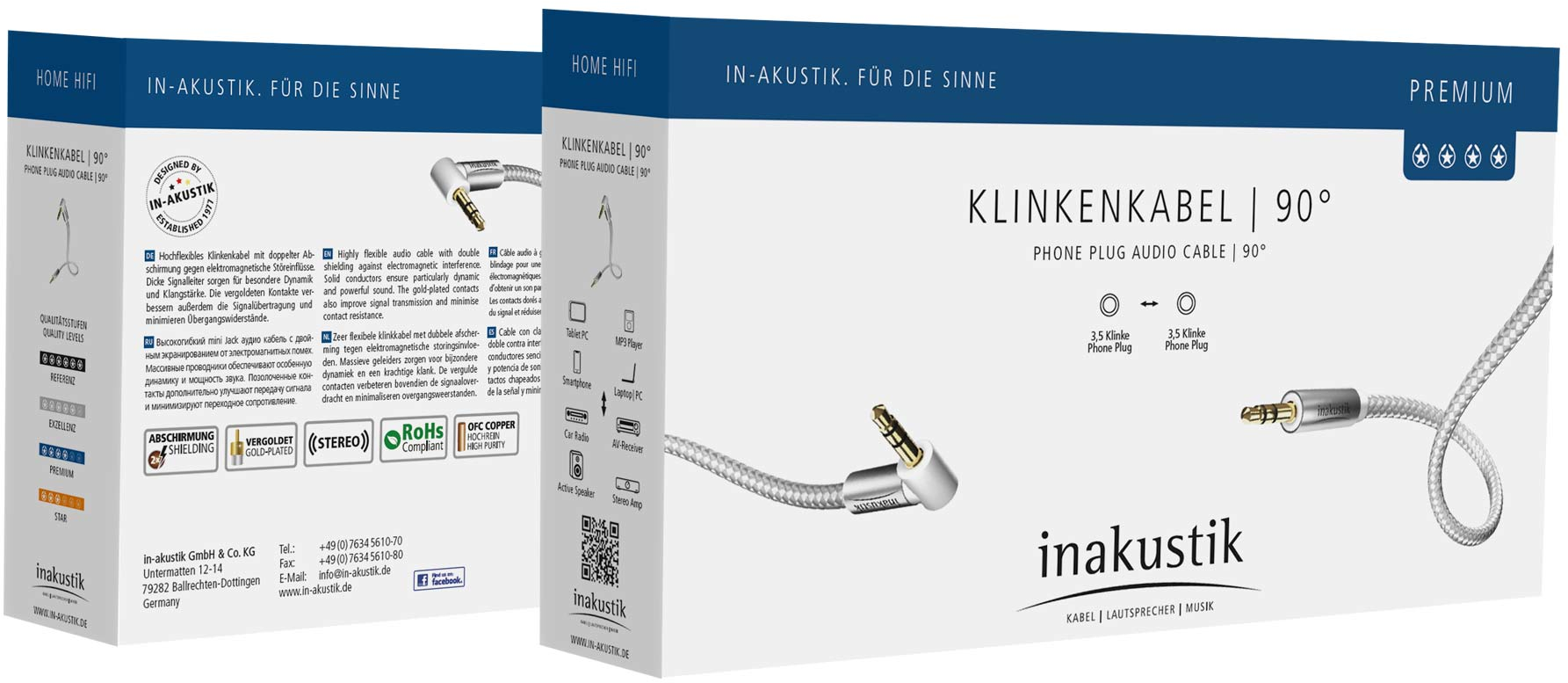 Deux boîtes de câbles audio. Les boîtes montrent un câble audio avec prise téléphonique à 90 degrés.