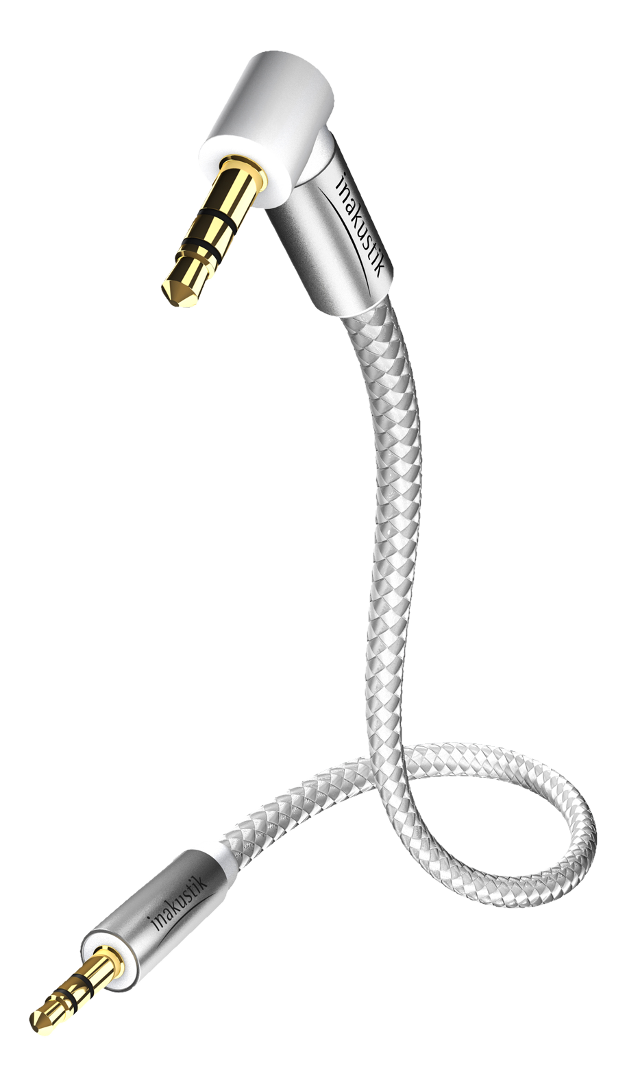Câble audio argenté coudé avec deux connecteurs 3,5 mm, un droit et un coudé.