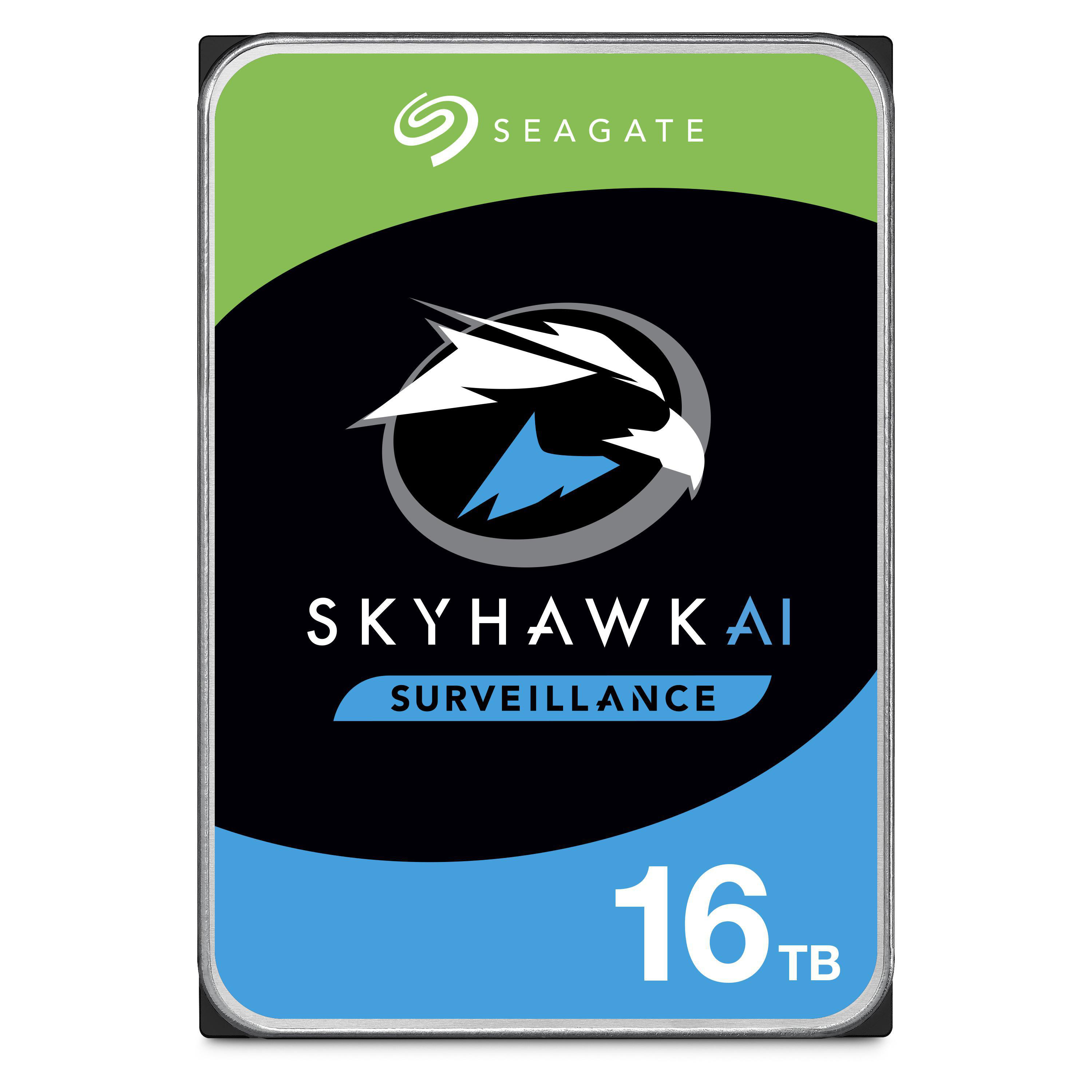 Seagate Skyhawk AI 16TB Festplatte mit grünem, schwarzem und blauem Design.