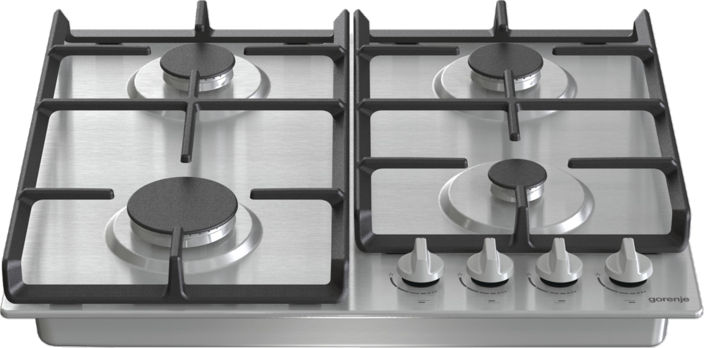 Ezüst főzőlap négy égővel. Elöl gombok, a Gorenje logó látható.