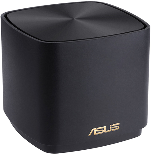 Black ASUS router with a square design and gold ASUS logo.
